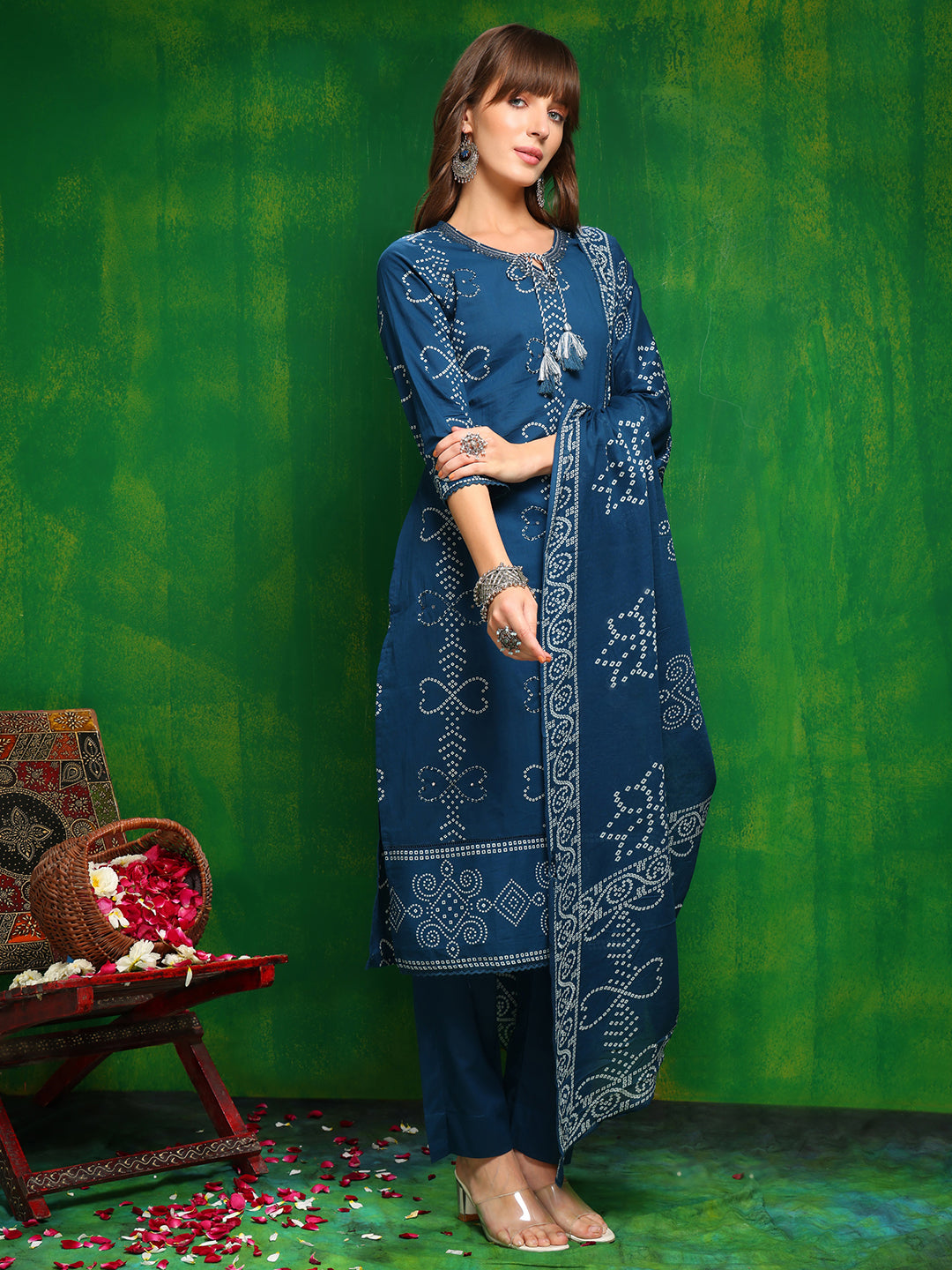 Bandhani printed and embroidered Kurta with Pant & Dupatta