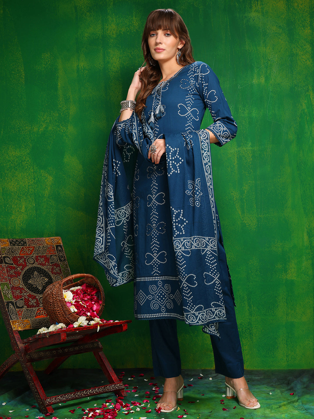 Bandhani printed and embroidered Kurta with Pant & Dupatta