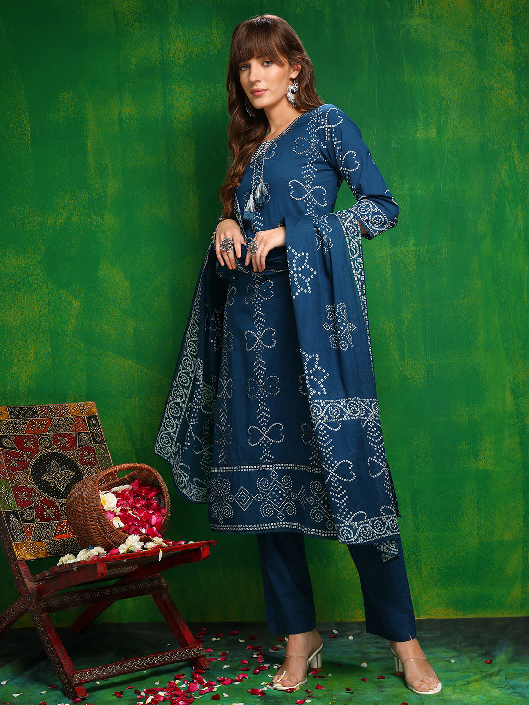 Bandhani printed and embroidered Kurta with Pant & Dupatta