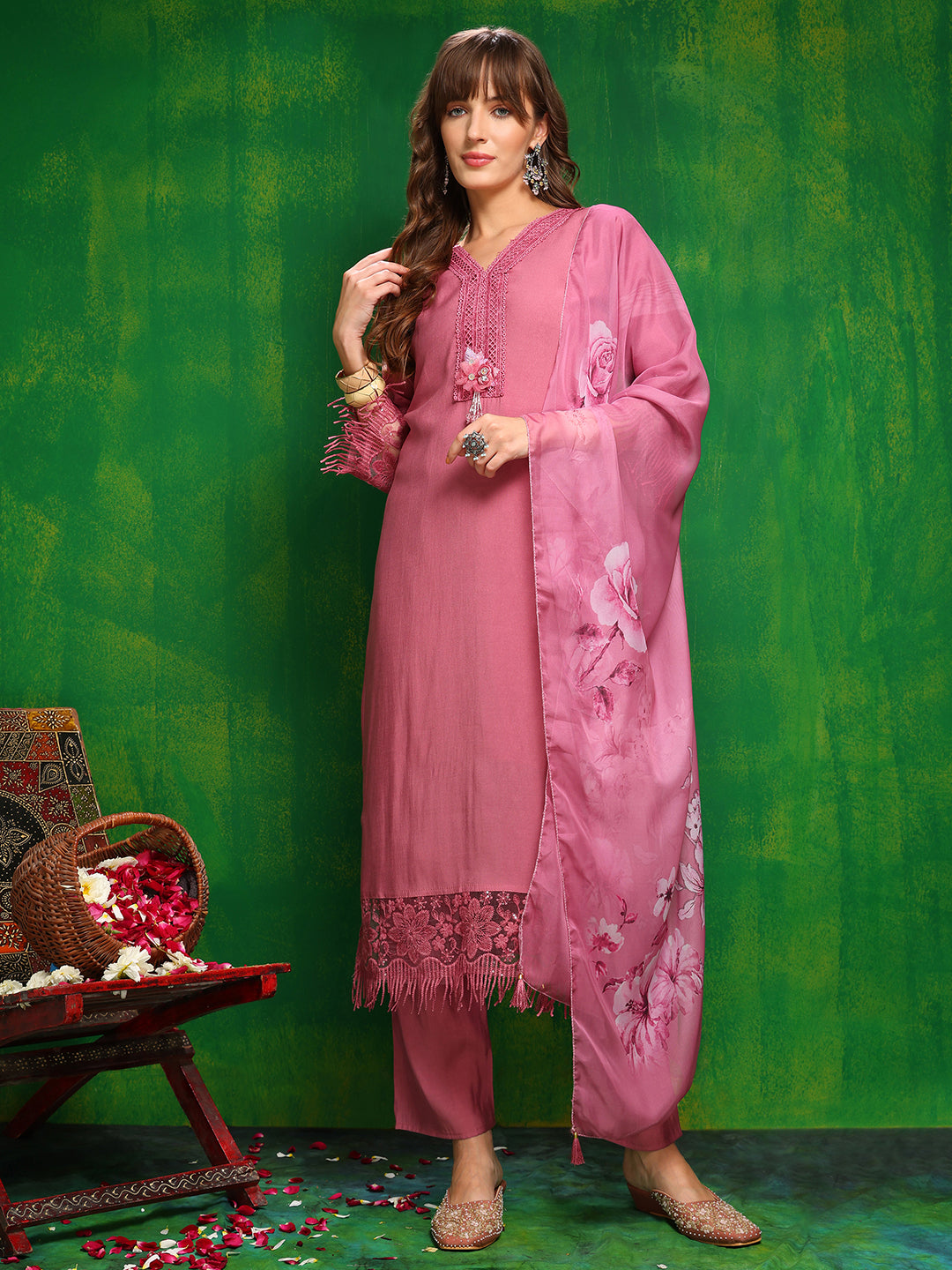 Artificial Flower & Lace detailing Kurta with Pant & Dupatta