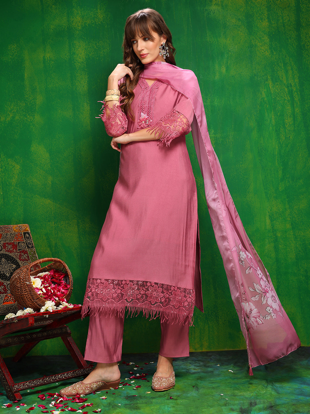 Artificial Flower & Lace detailing Kurta with Pant & Dupatta