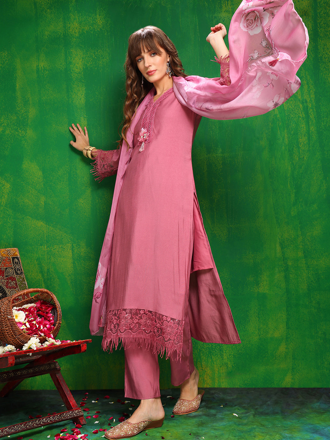 Artificial Flower & Lace detailing Kurta with Pant & Dupatta