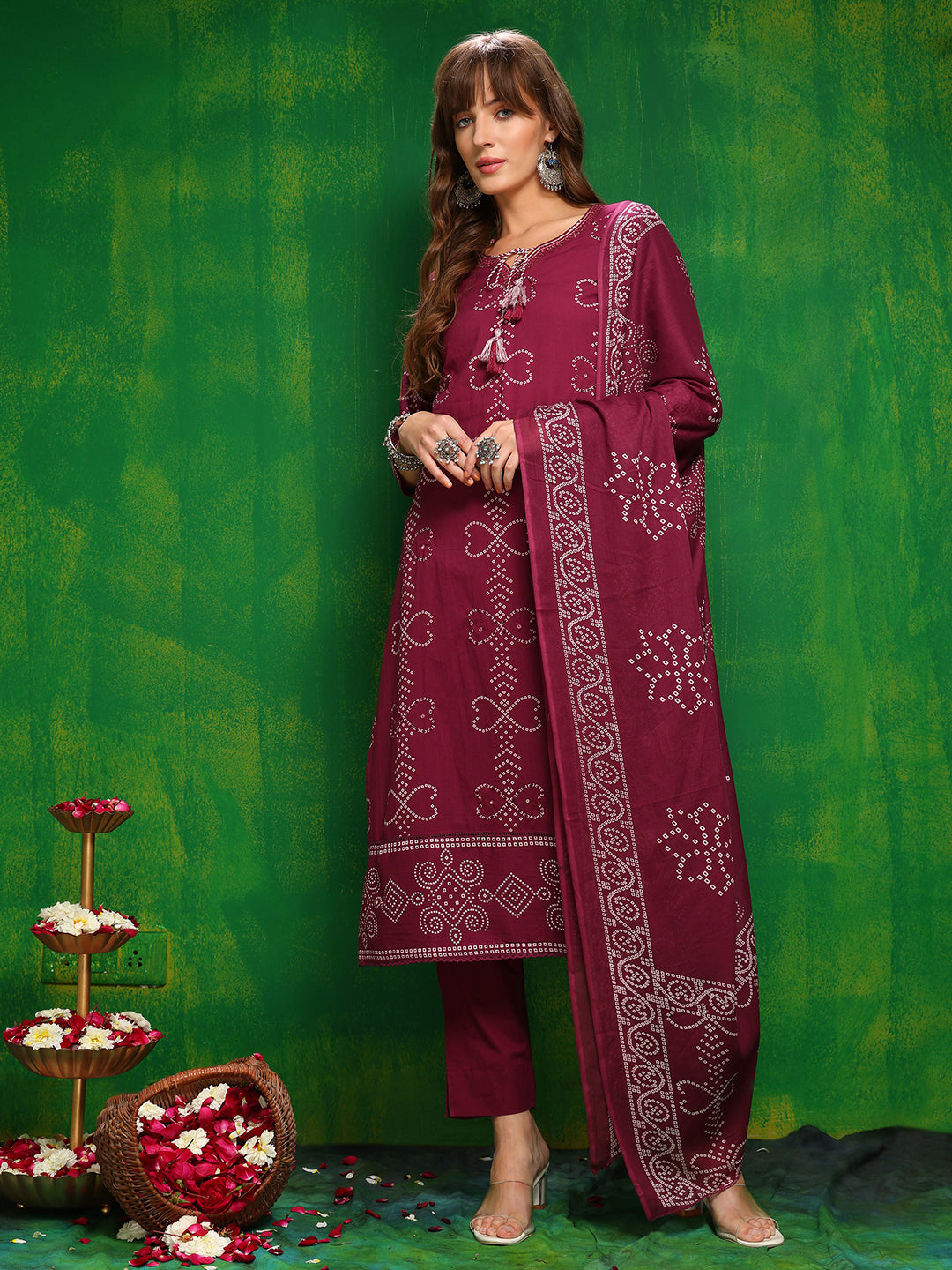 Bandhani printed and embroidered Kurta with Pant & Dupatta