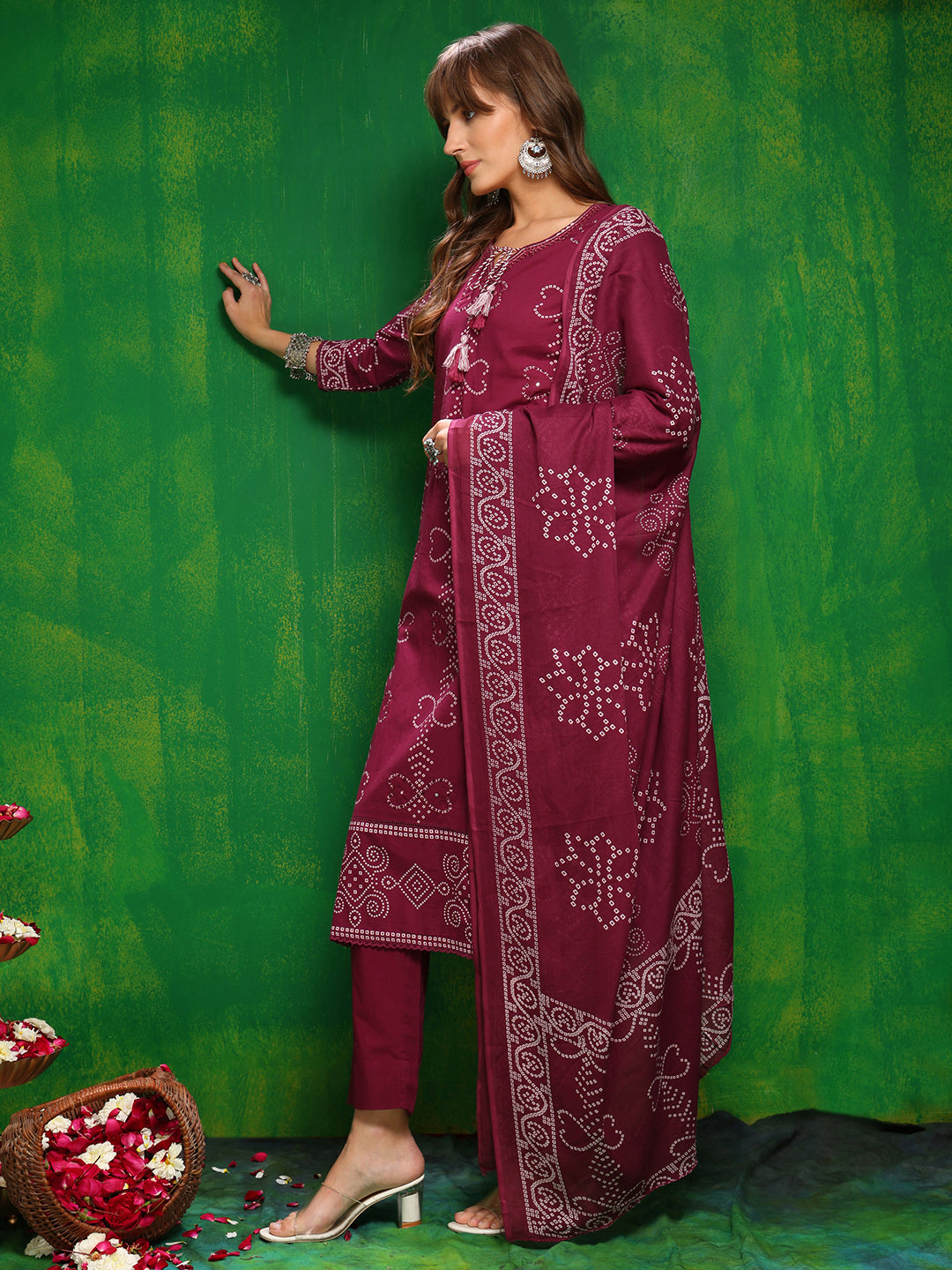 Bandhani printed and embroidered Kurta with Pant & Dupatta