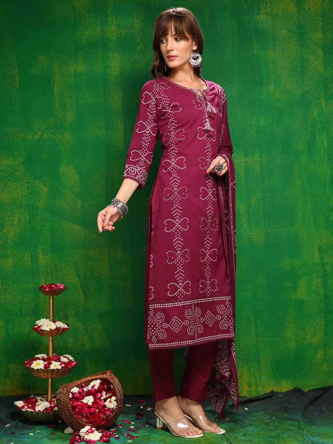 Bandhani printed and embroidered Kurta with Pant & Dupatta