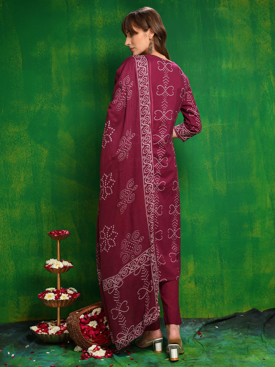 Bandhani printed and embroidered Kurta with Pant & Dupatta