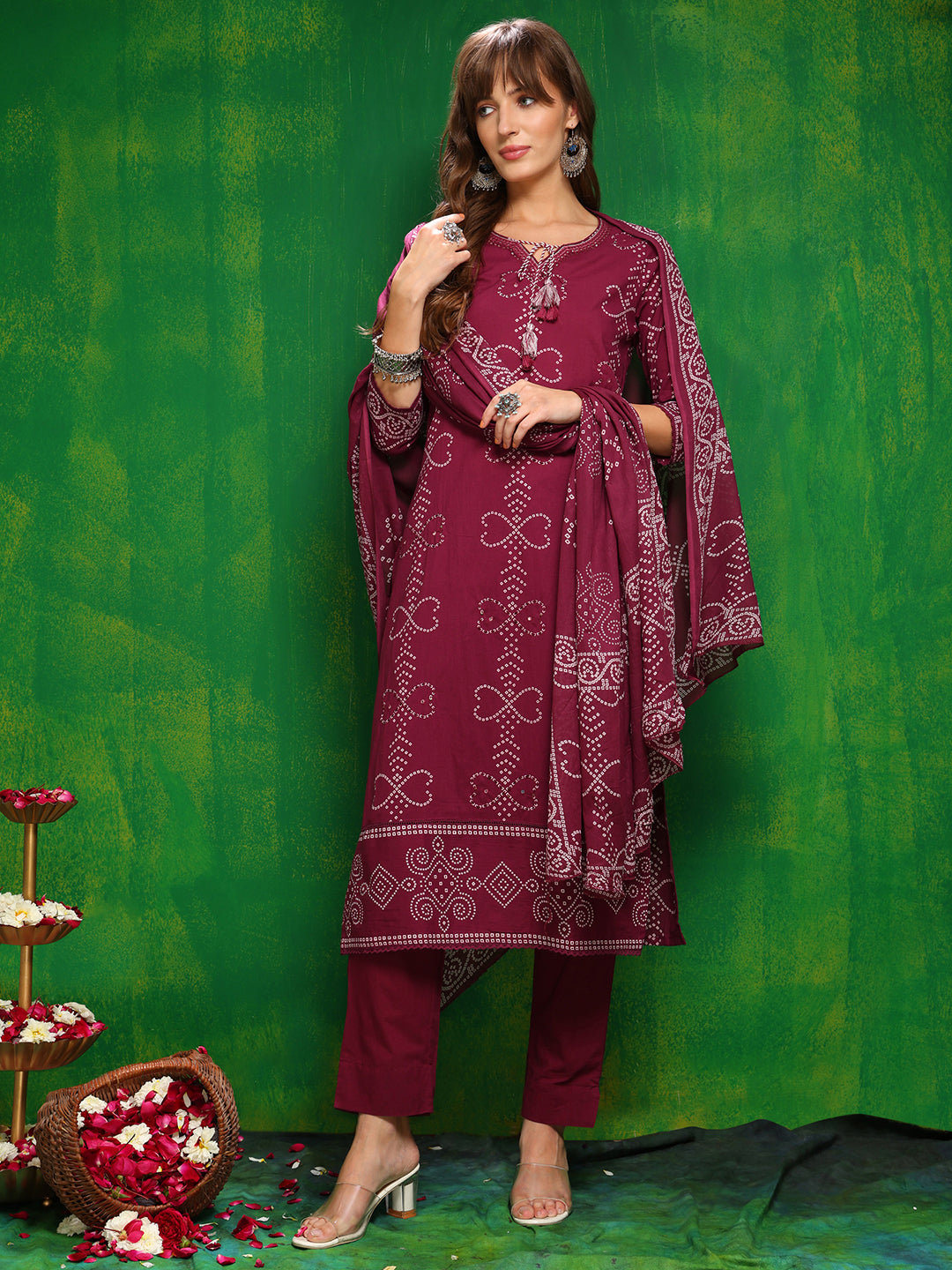 Bandhani printed and embroidered Kurta with Pant & Dupatta