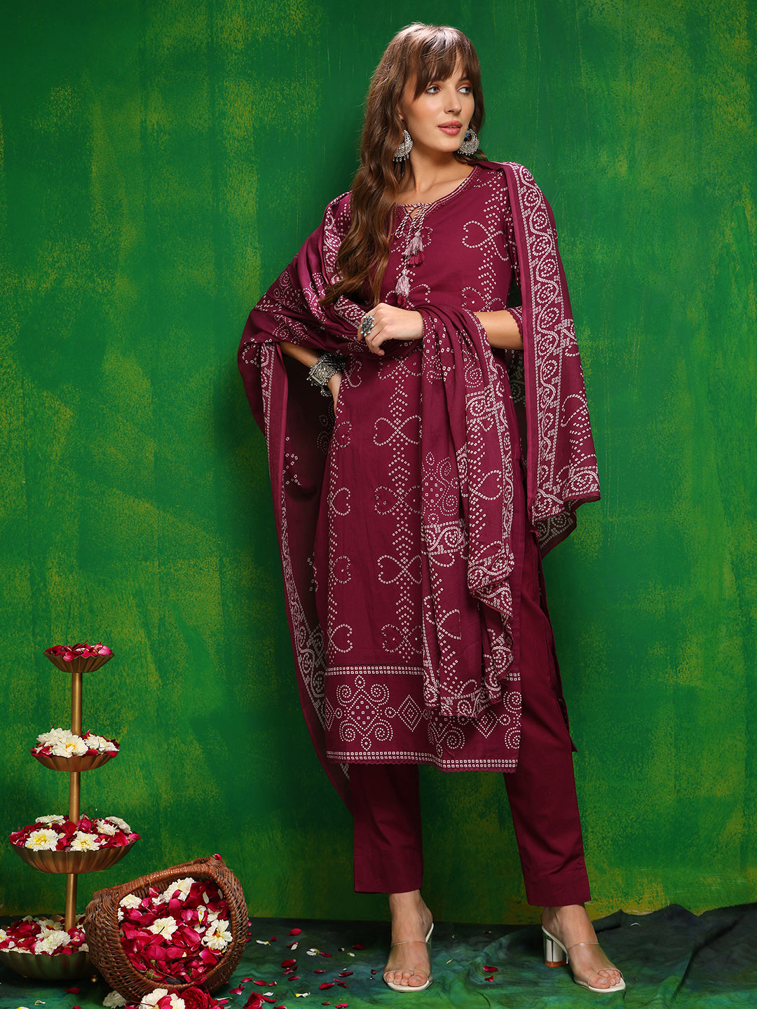 Bandhani printed and embroidered Kurta with Pant & Dupatta