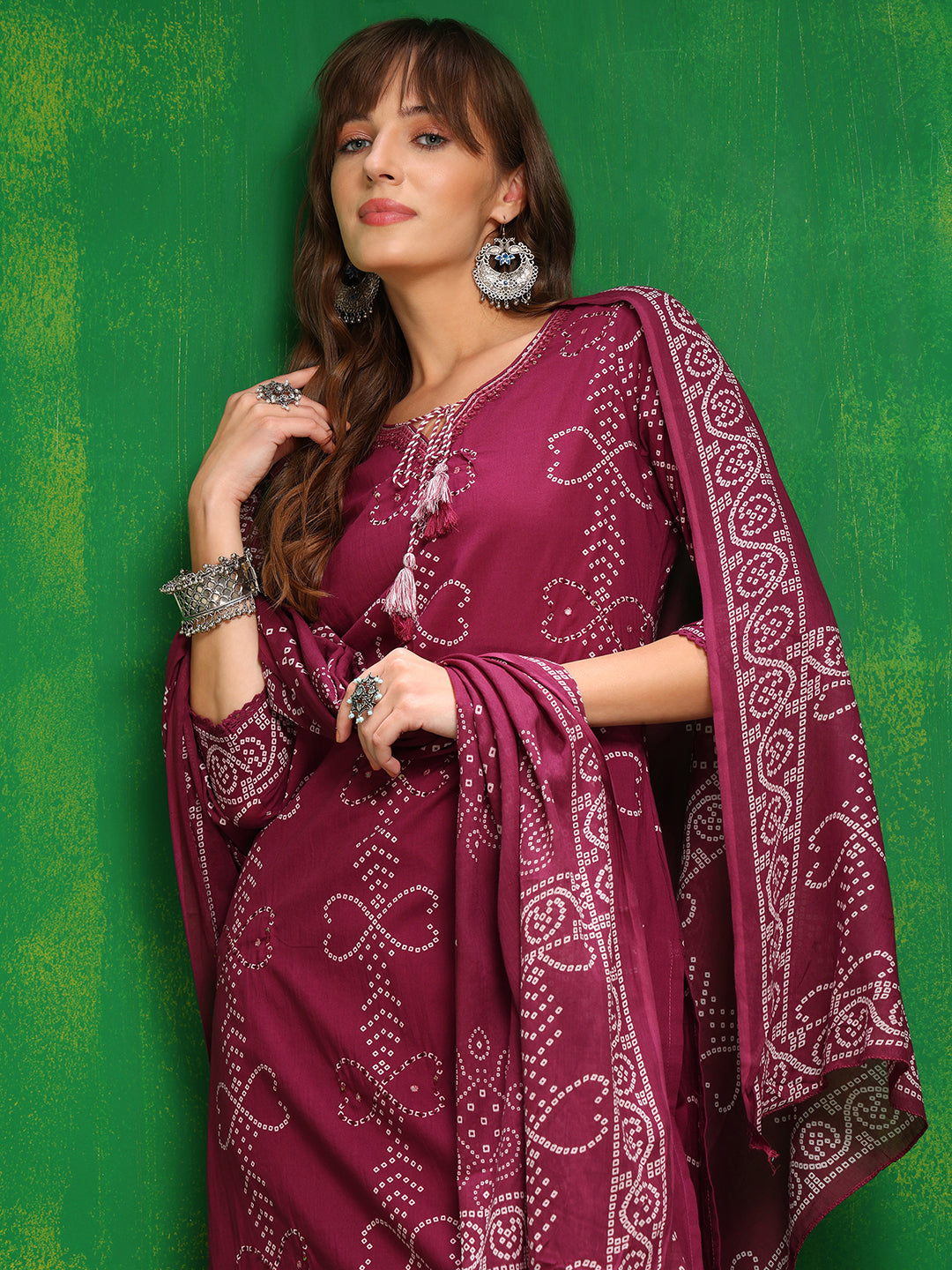 Bandhani printed and embroidered Kurta with Pant & Dupatta