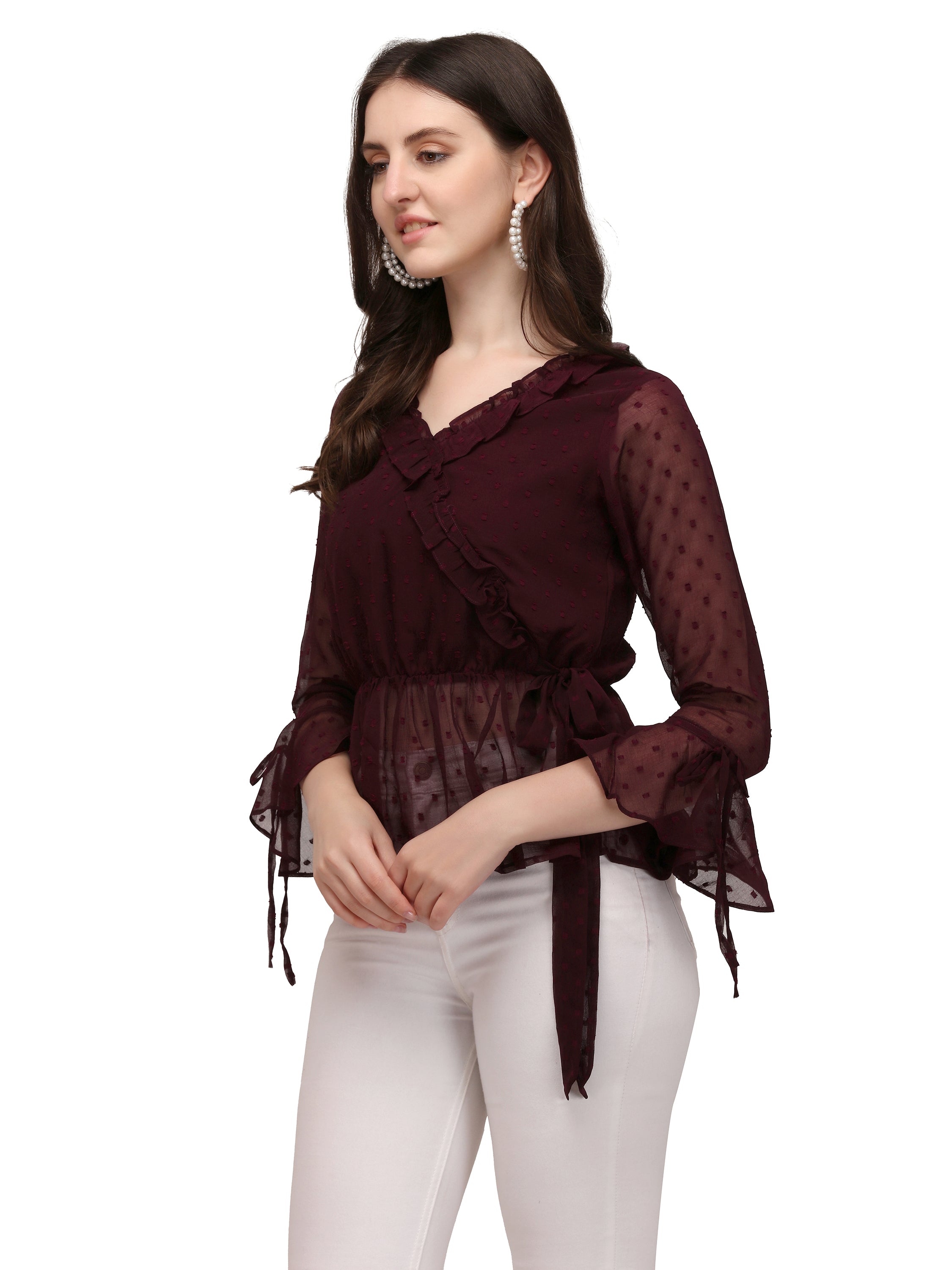 Georgette Self Design V-Neck Top