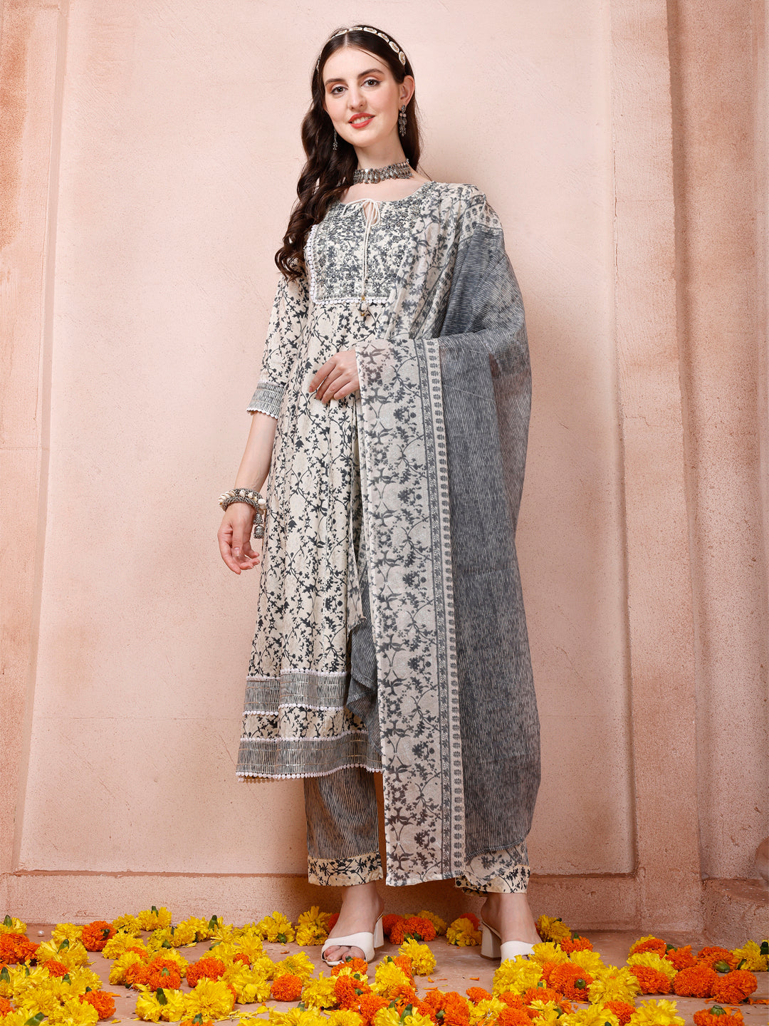 Anarkali Embroidered Kurta With Pant and Dupatta Set