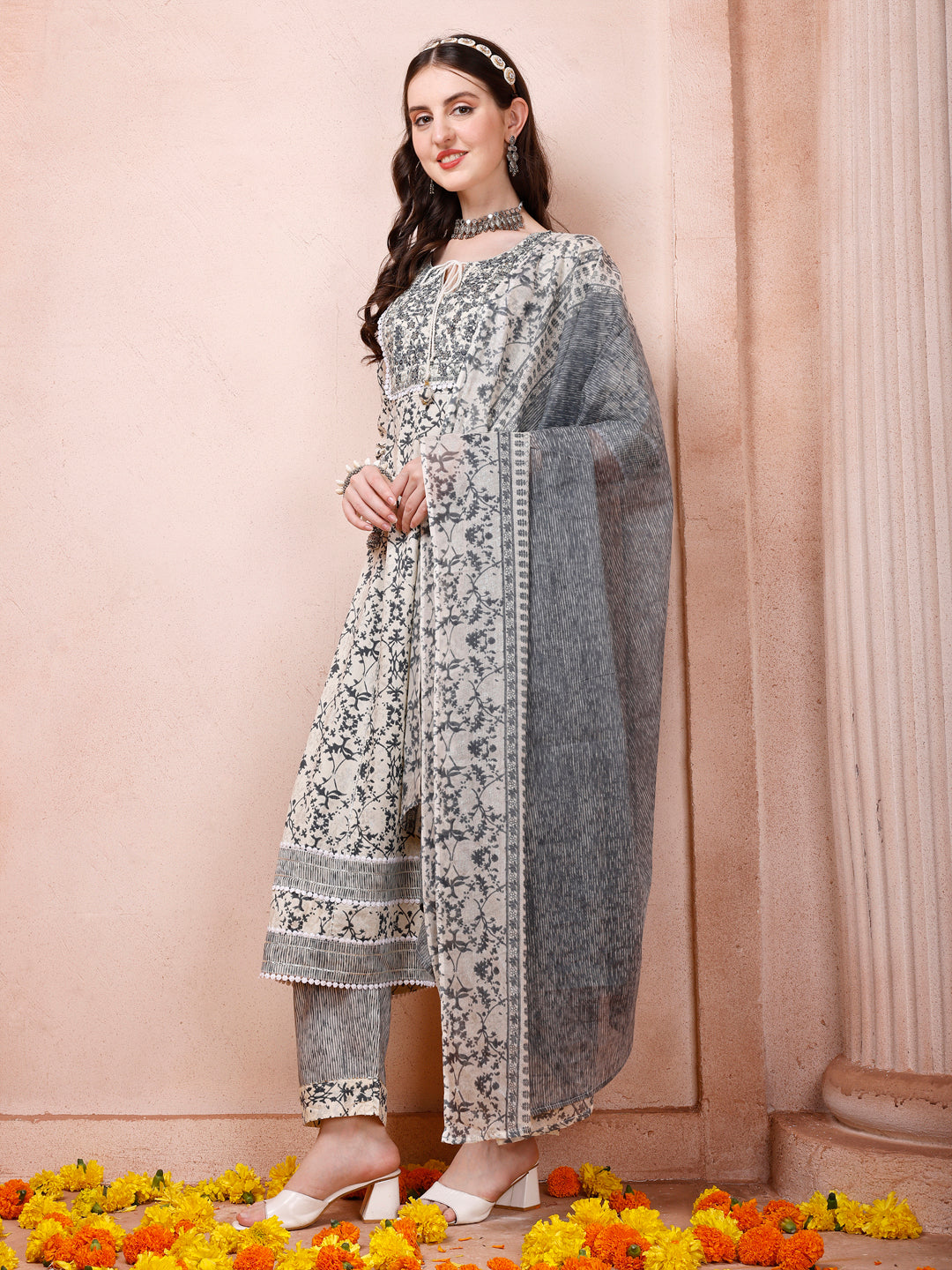 Anarkali Embroidered Kurta With Pant and Dupatta Set