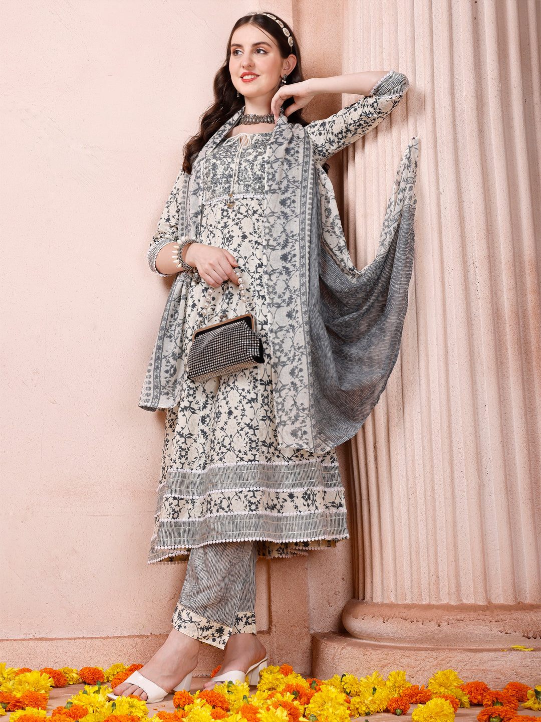 Anarkali Embroidered Kurta With Pant and Dupatta Set