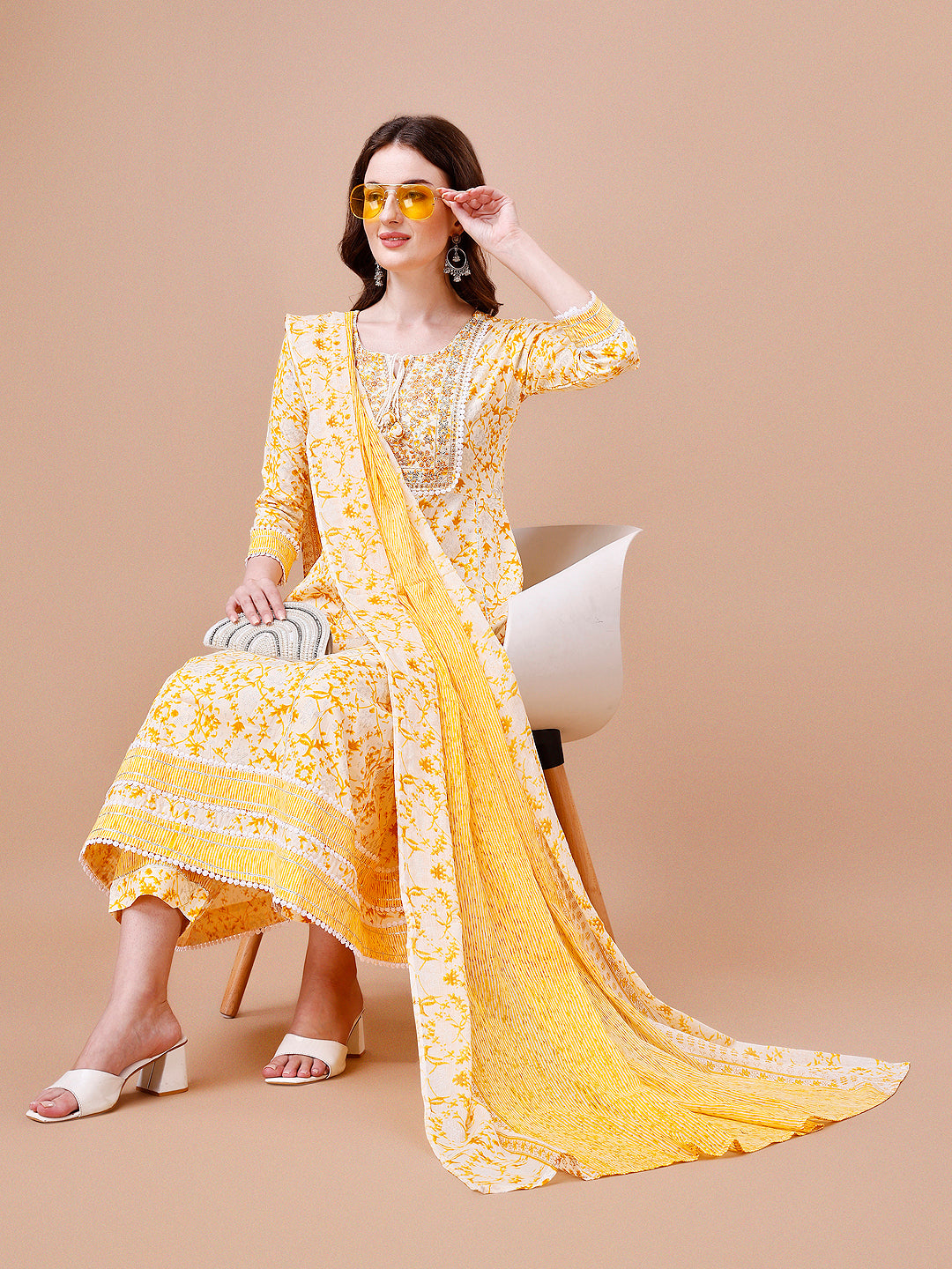 Embroidered & Floral Printed Flared Rayon Anarkali kurta with pant & dupatta