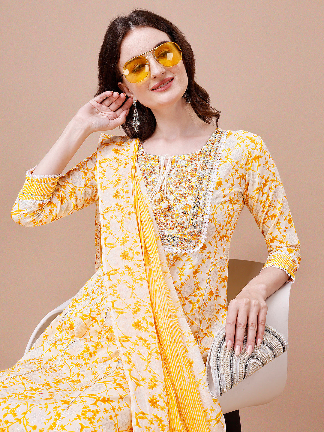 Embroidered & Floral Printed Flared Rayon Anarkali kurta with pant & dupatta