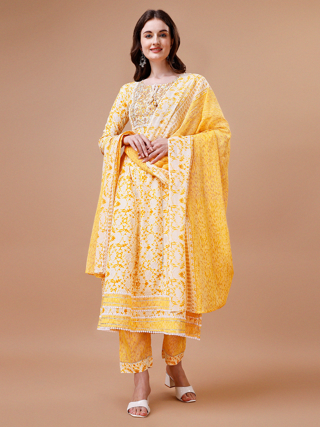 Embroidered & Floral Printed Flared Rayon Anarkali kurta with pant & dupatta