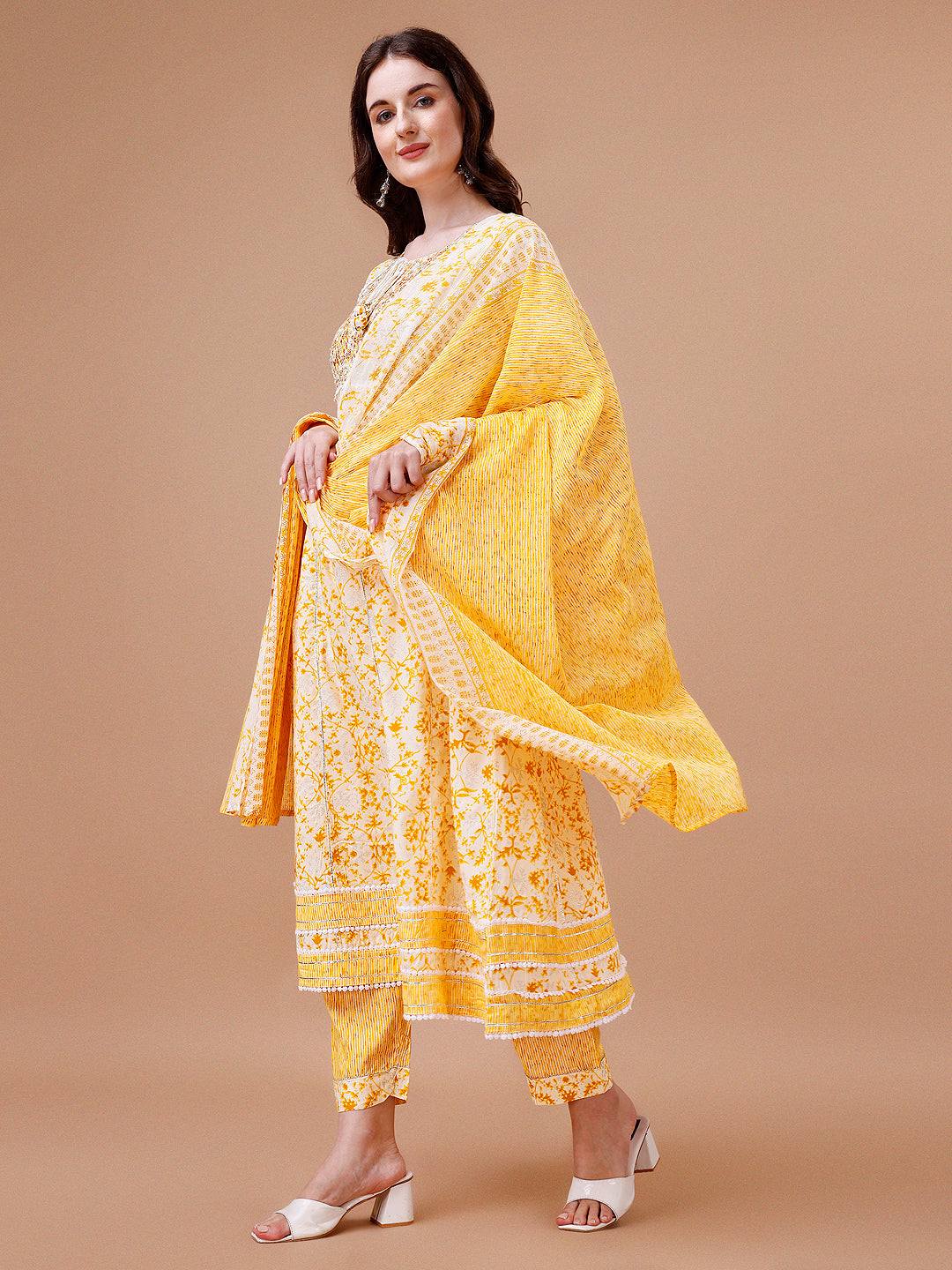 Embroidered & Floral Printed Flared Rayon Anarkali kurta with pant & dupatta