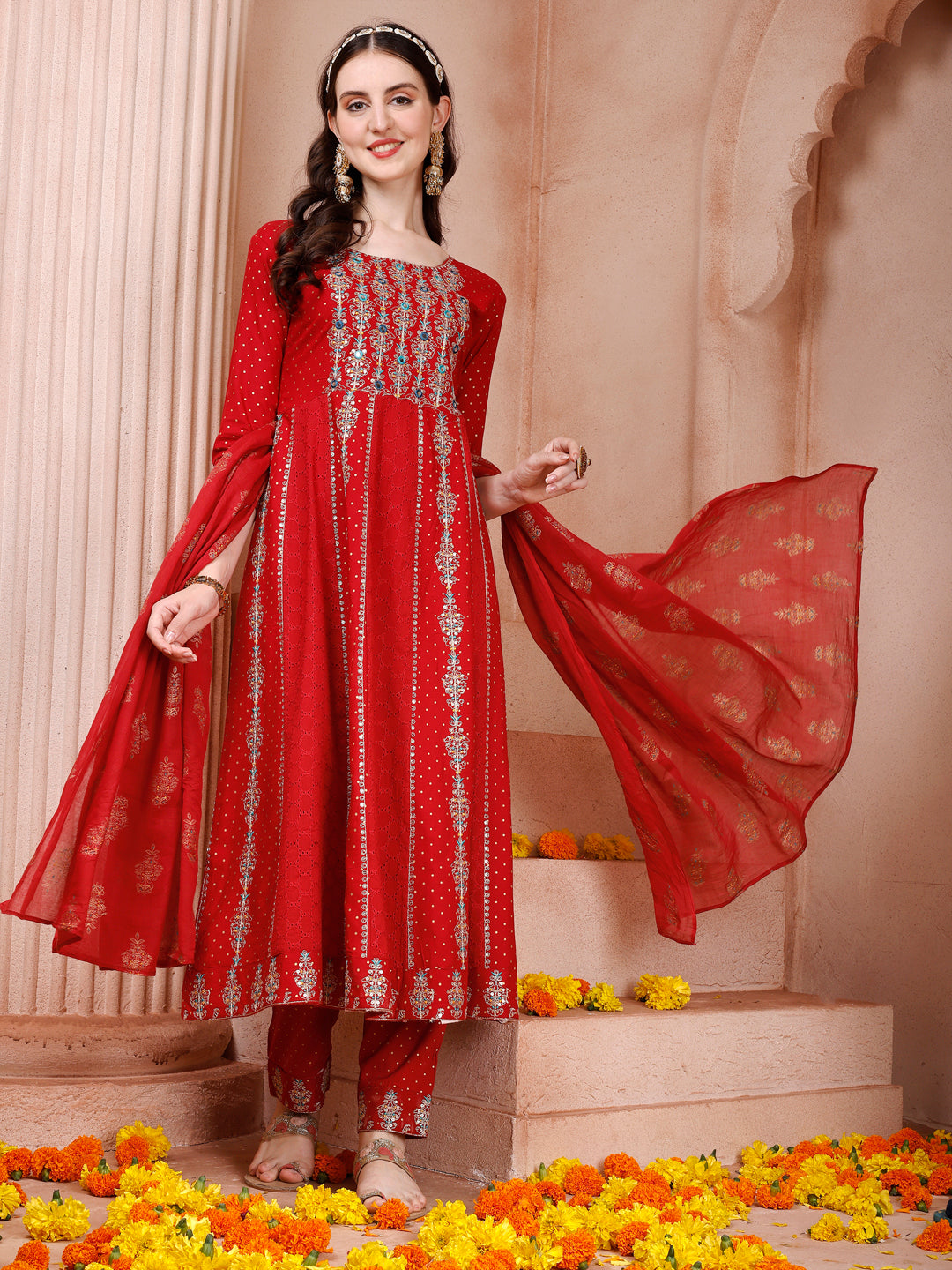 Embroidered Kurta With Pant and Dupatta Set