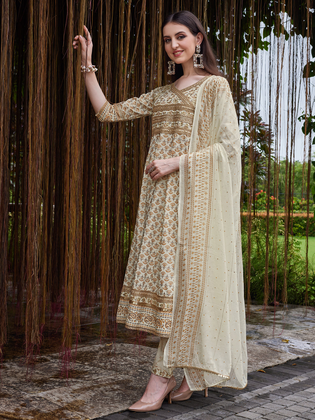 Angrakha Style Ethnic motifs Printed & lace Detailing Anarkali Kurta Pant & dupatta