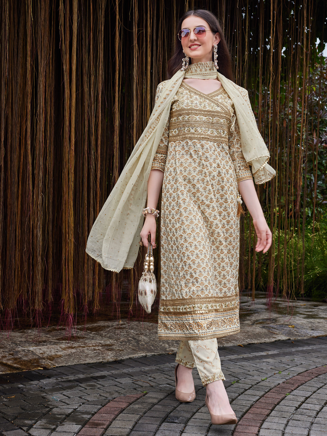 Angrakha Style Ethnic motifs Printed & lace Detailing Anarkali Kurta Pant & dupatta