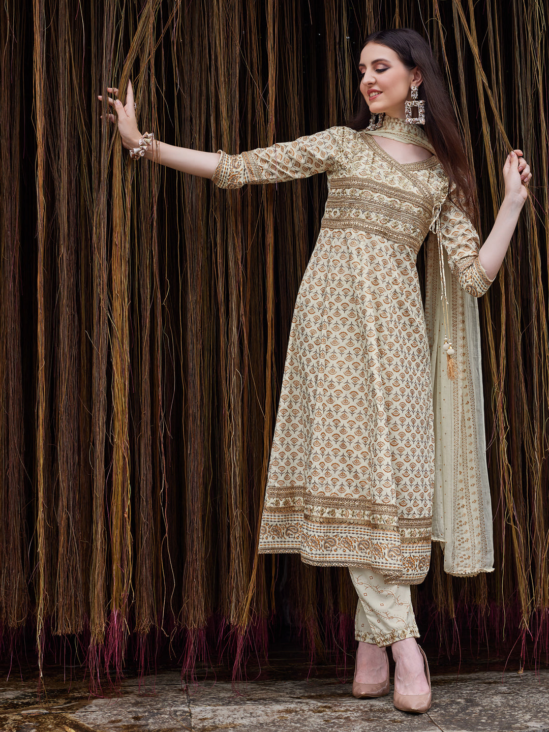 Angrakha Style Ethnic motifs Printed & lace Detailing Anarkali Kurta Pant & dupatta