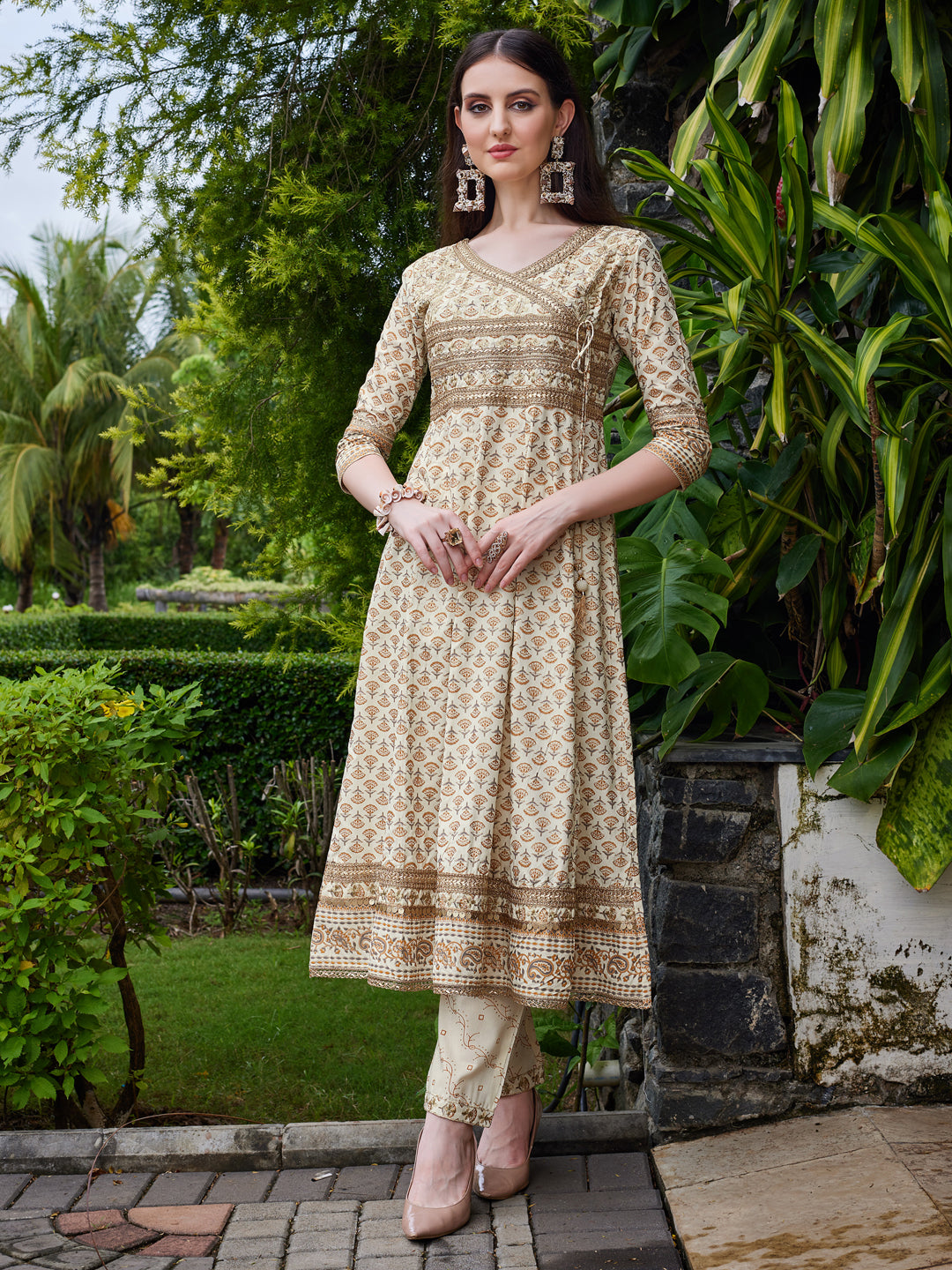 Angrakha Style Ethnic motifs Printed & lace Detailing Anarkali Kurta Pant & dupatta