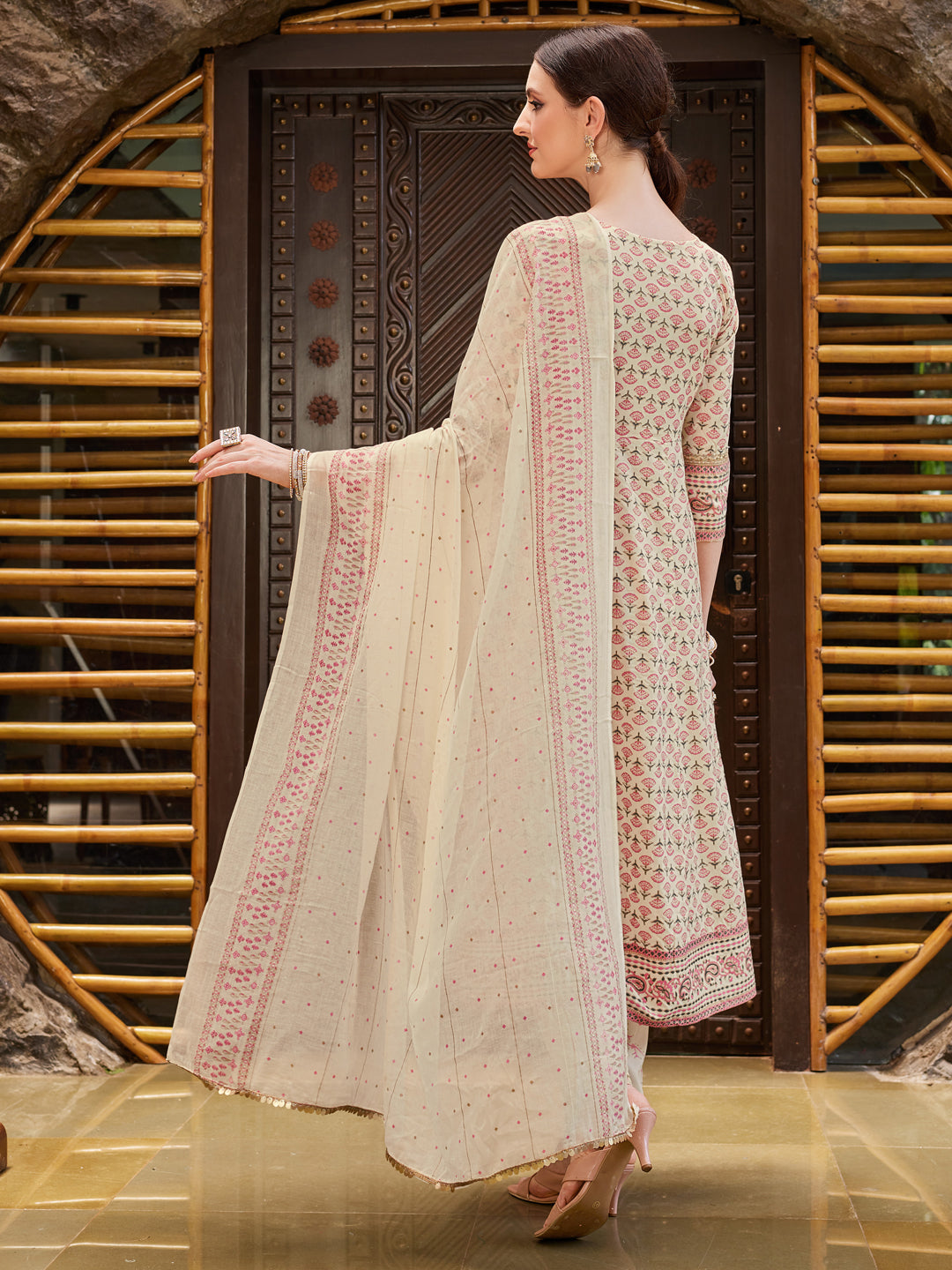 Angrakha Style Ethnic motifs Printed & lace Detailing Anarkali Kurta Pant & dupatta