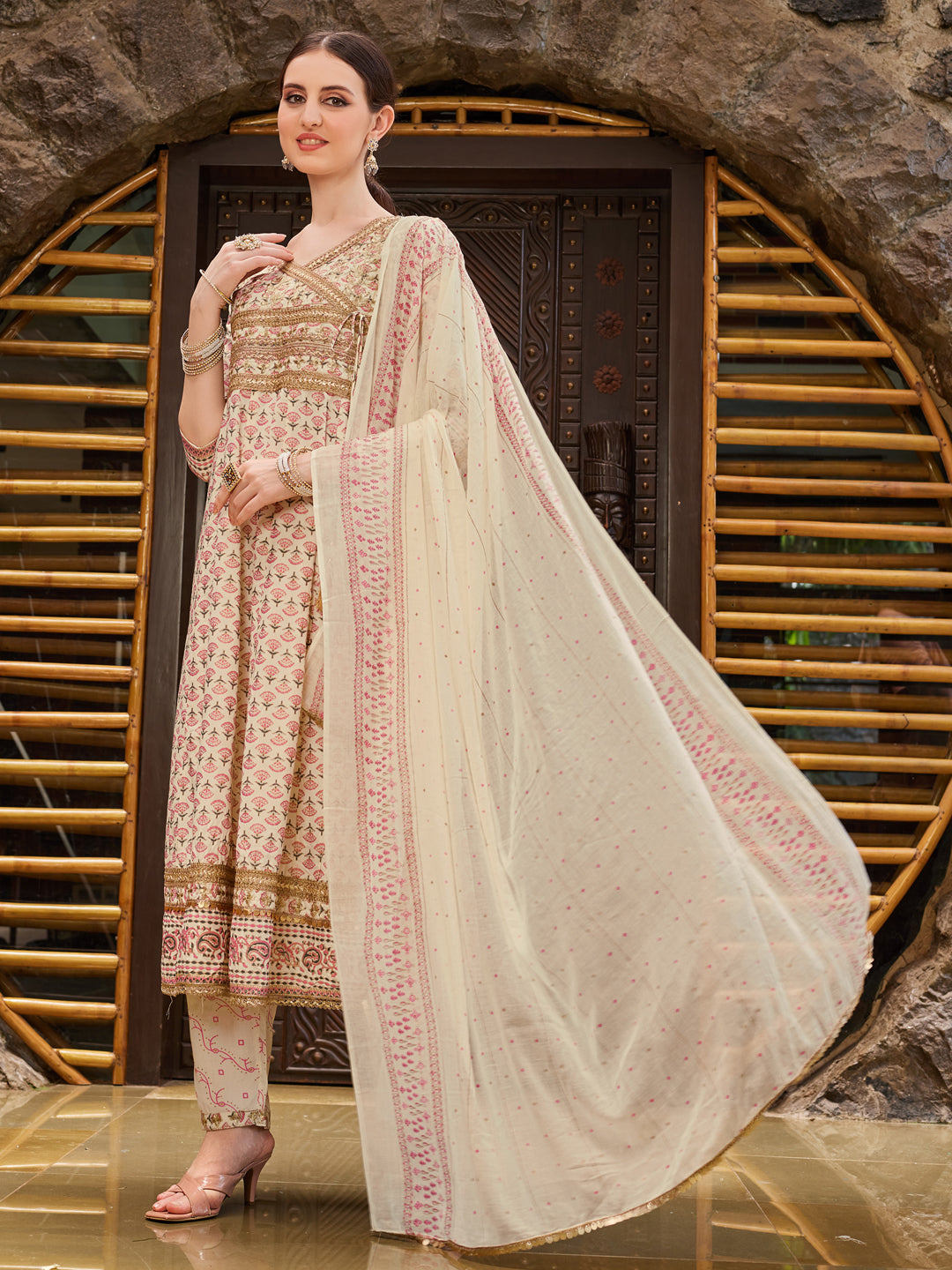 Angrakha Style Ethnic motifs Printed & lace Detailing Anarkali Kurta Pant & dupatta