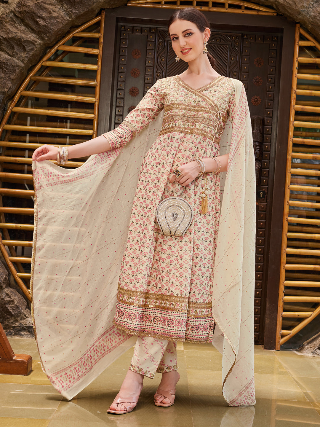 Angrakha Style Ethnic motifs Printed & lace Detailing Anarkali Kurta Pant & dupatta