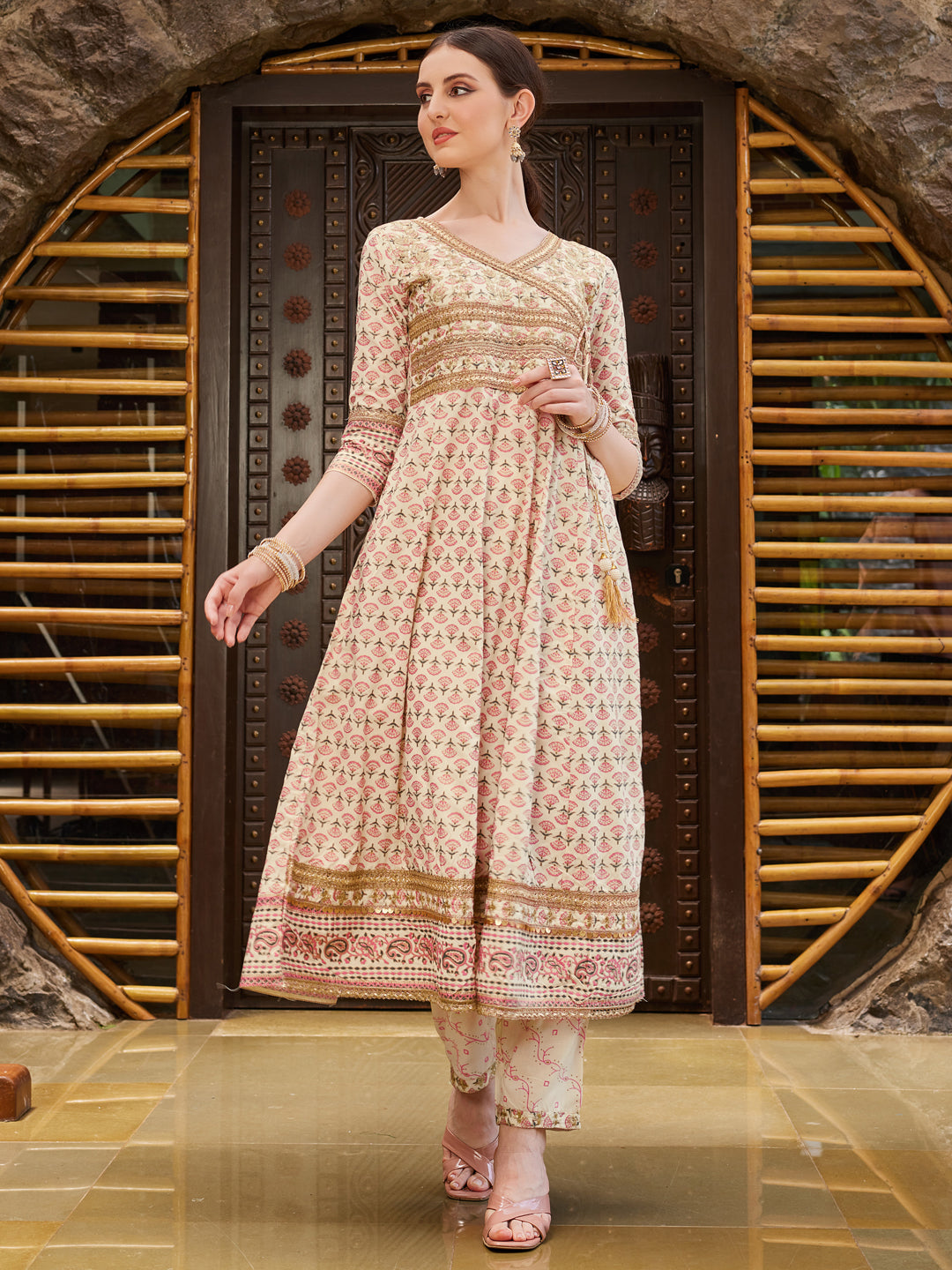 Angrakha Style Ethnic motifs Printed & lace Detailing Anarkali Kurta Pant & dupatta