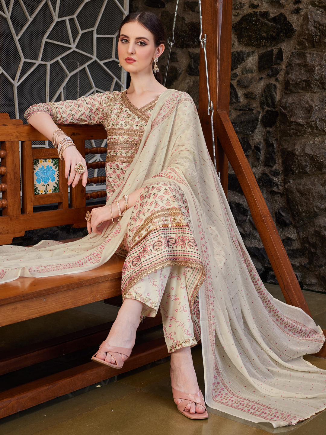 Angrakha Style Ethnic motifs Printed & lace Detailing Anarkali Kurta Pant & dupatta