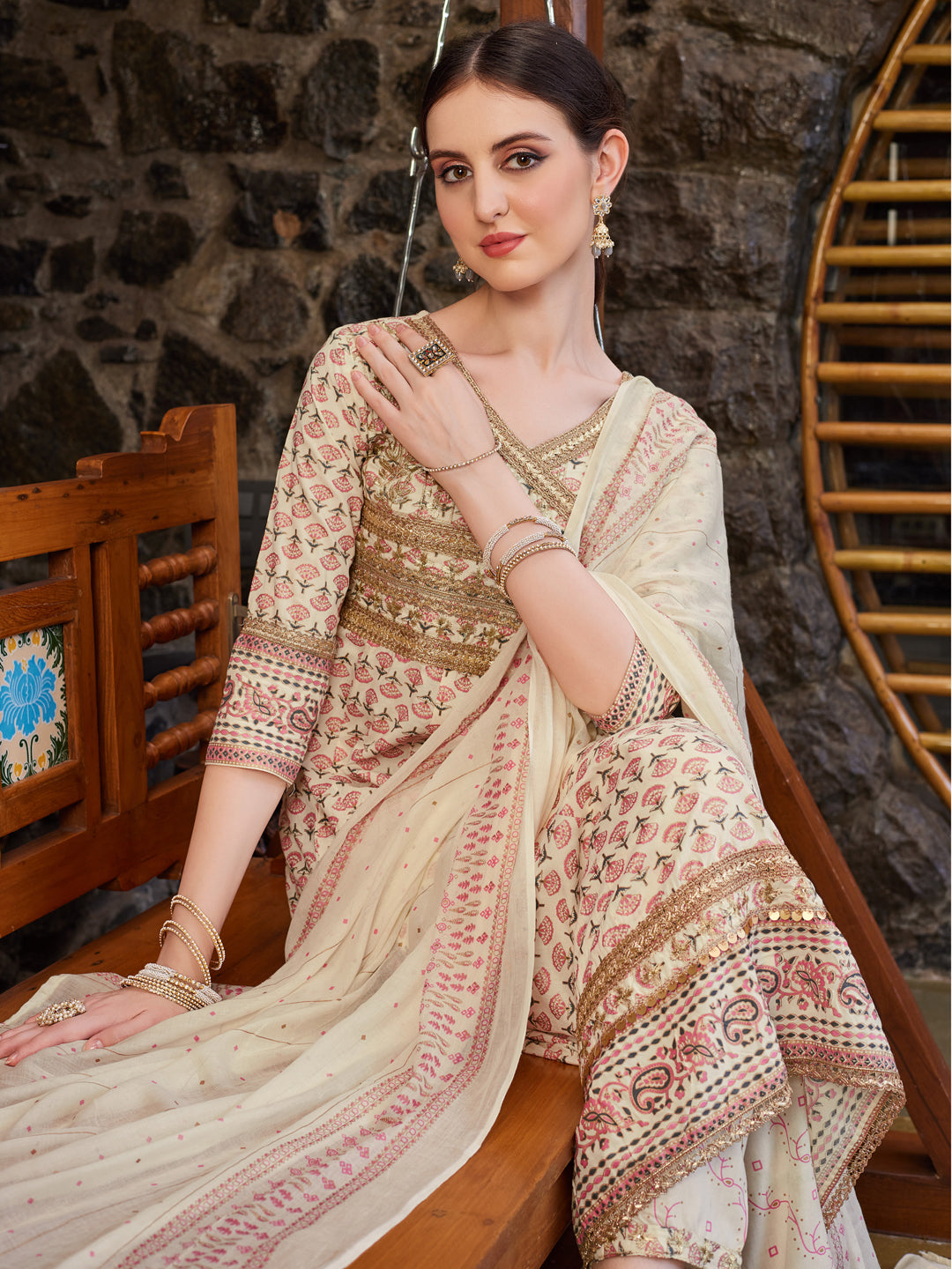 Angrakha Style Ethnic motifs Printed & lace Detailing Anarkali Kurta Pant & dupatta