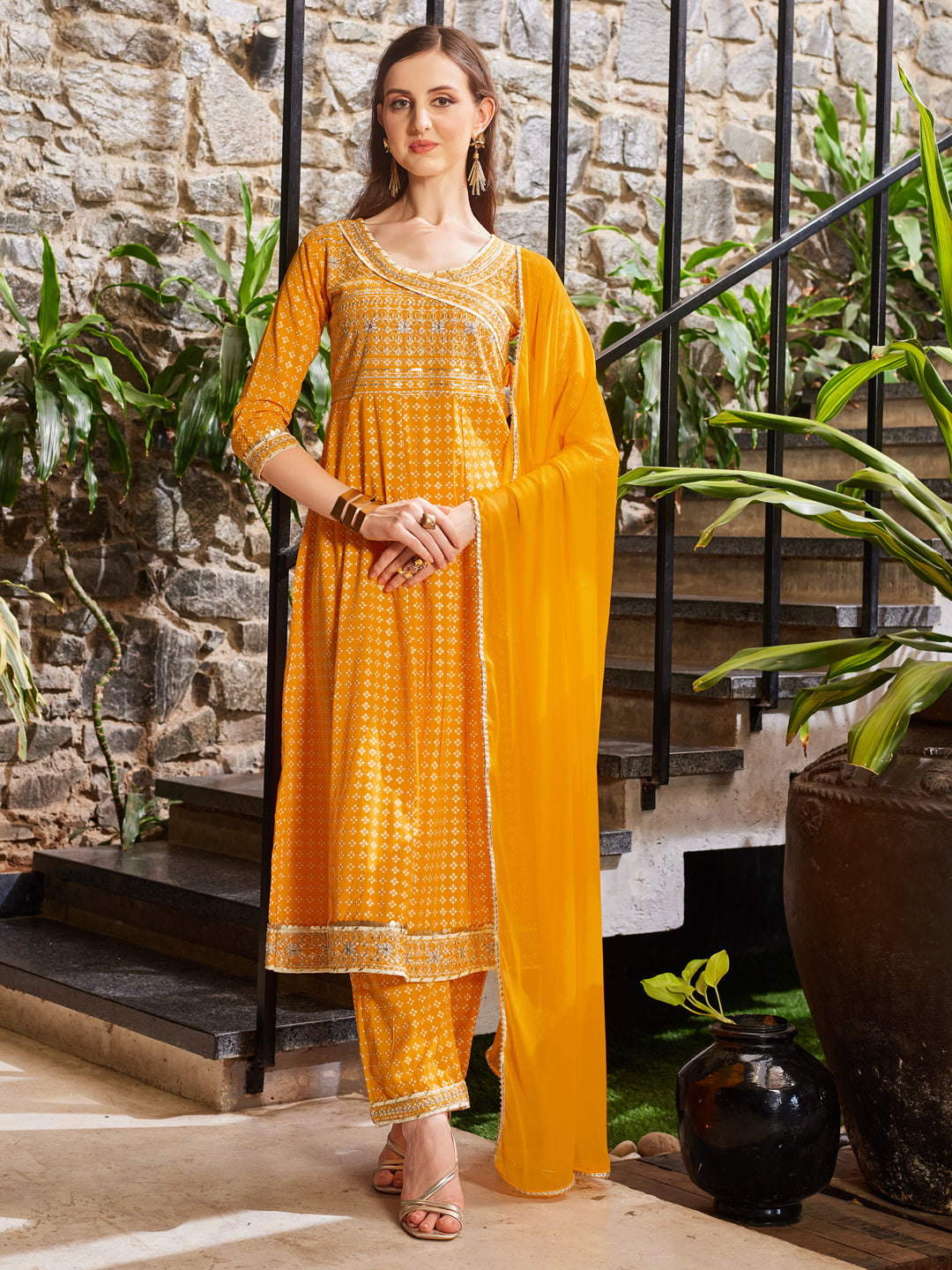 Anarkali Cotton Embroidered Kurta with Pant & Dupatta Set