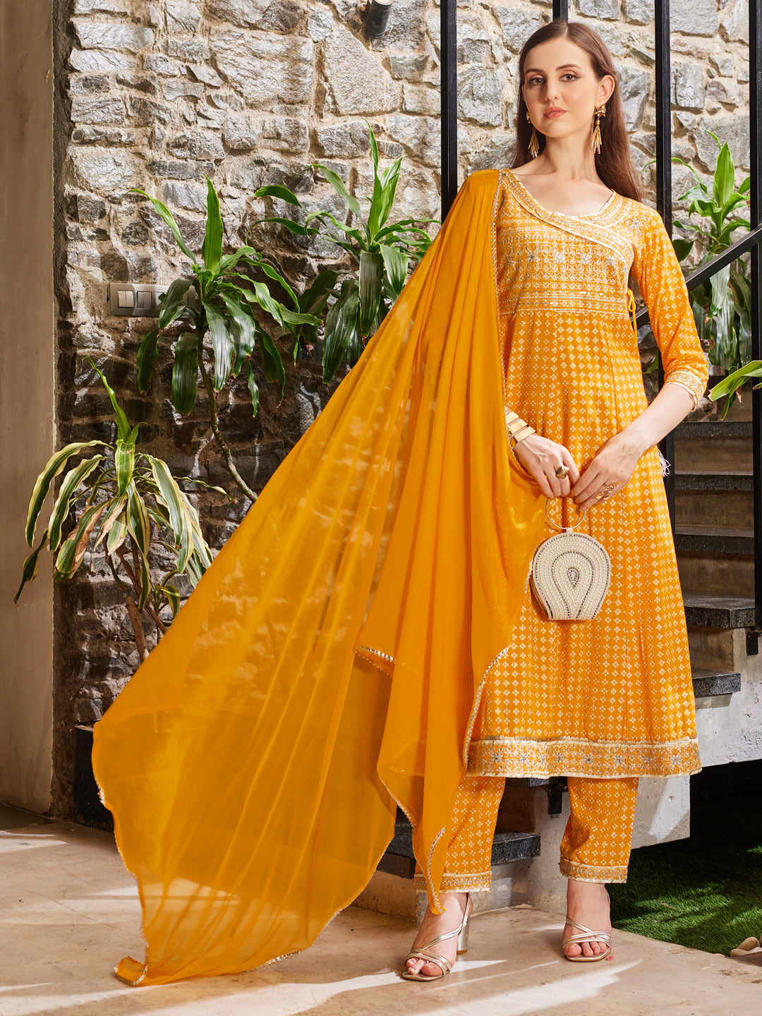 Anarkali Cotton Embroidered Kurta with Pant & Dupatta Set