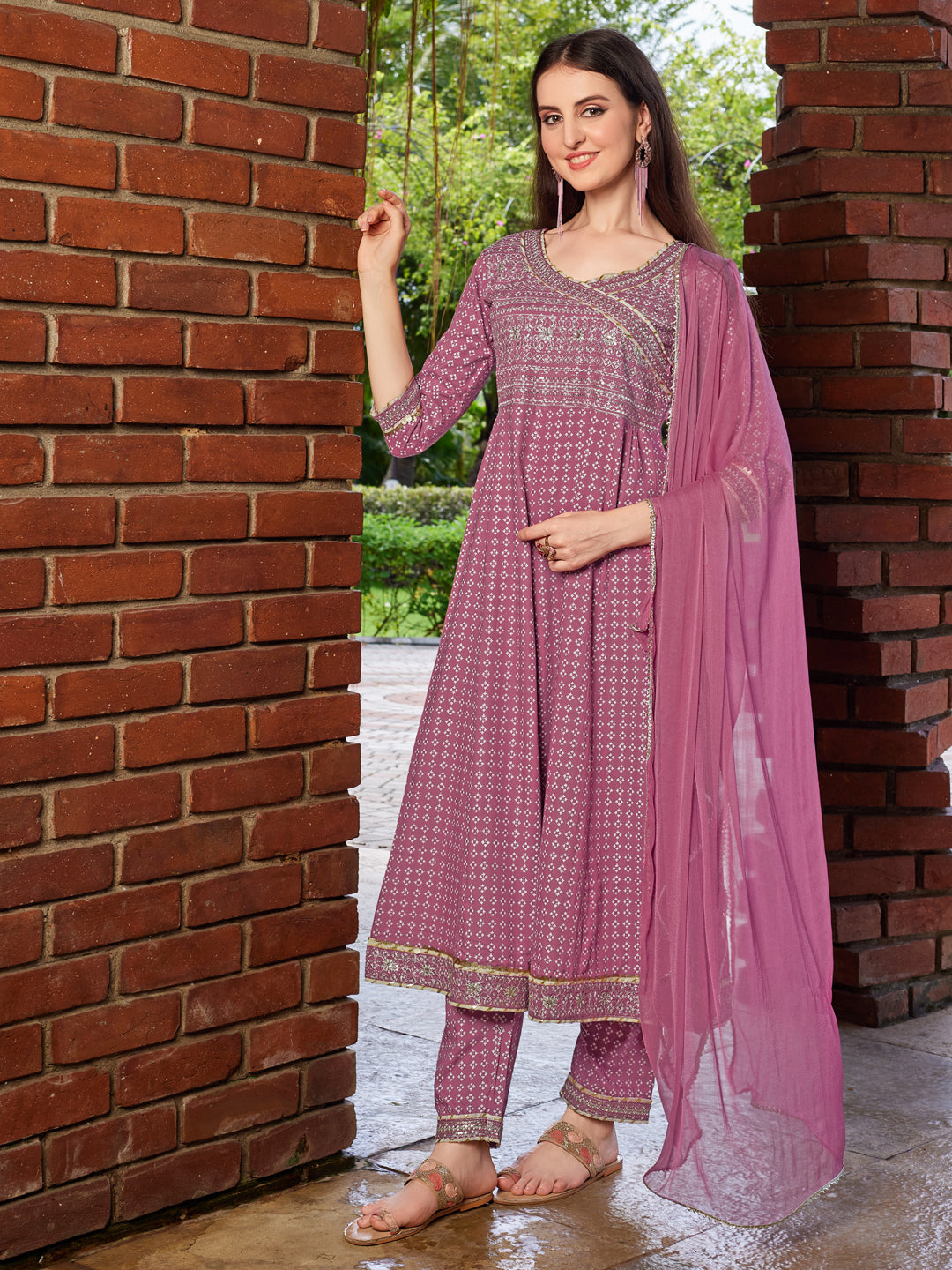 Anarkali Cotton Embroidered Kurta with Pant & Dupatta Set