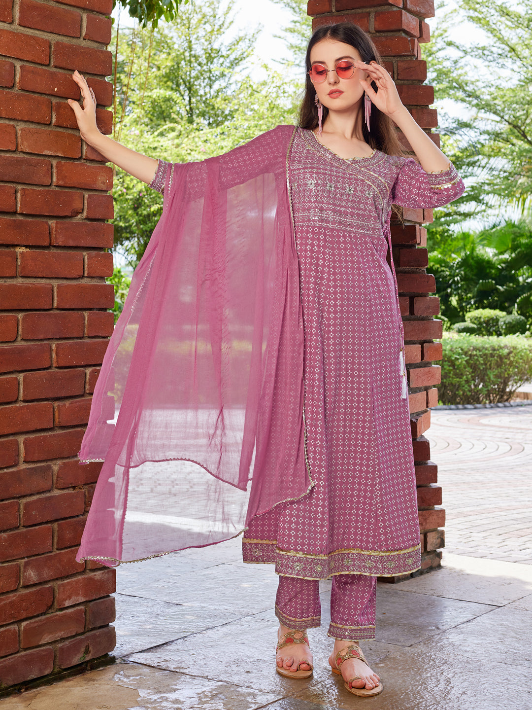 Anarkali Cotton Embroidered Kurta with Pant & Dupatta Set