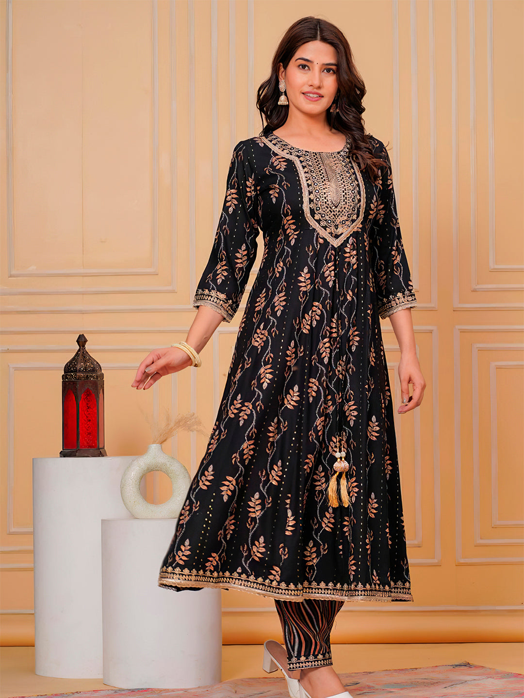 Embroidered & Leaf Printed Flared Kurta with pant & dupatta luxury premium