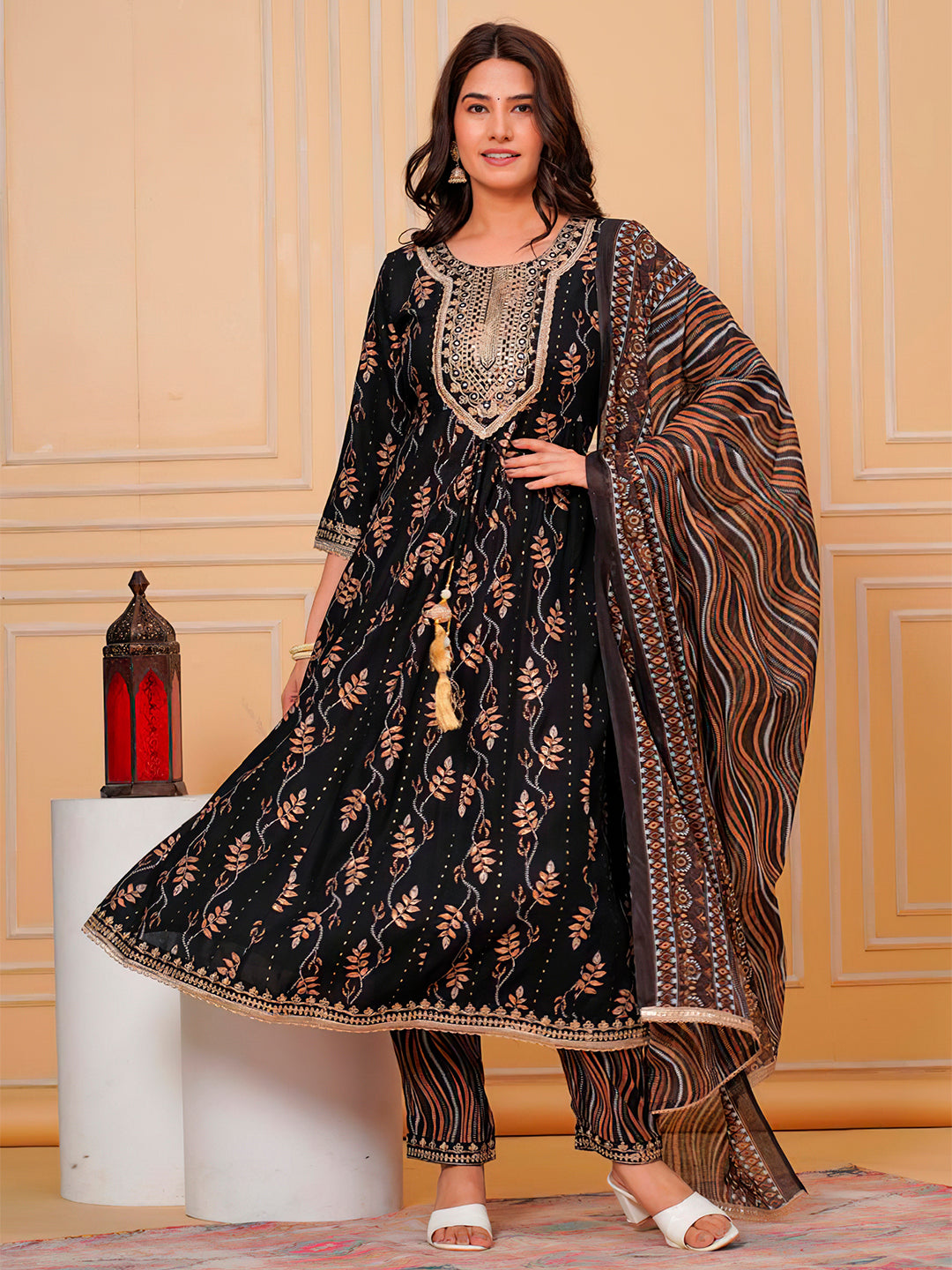 Embroidered & Leaf Printed Flared Kurta with pant & dupatta luxury premium