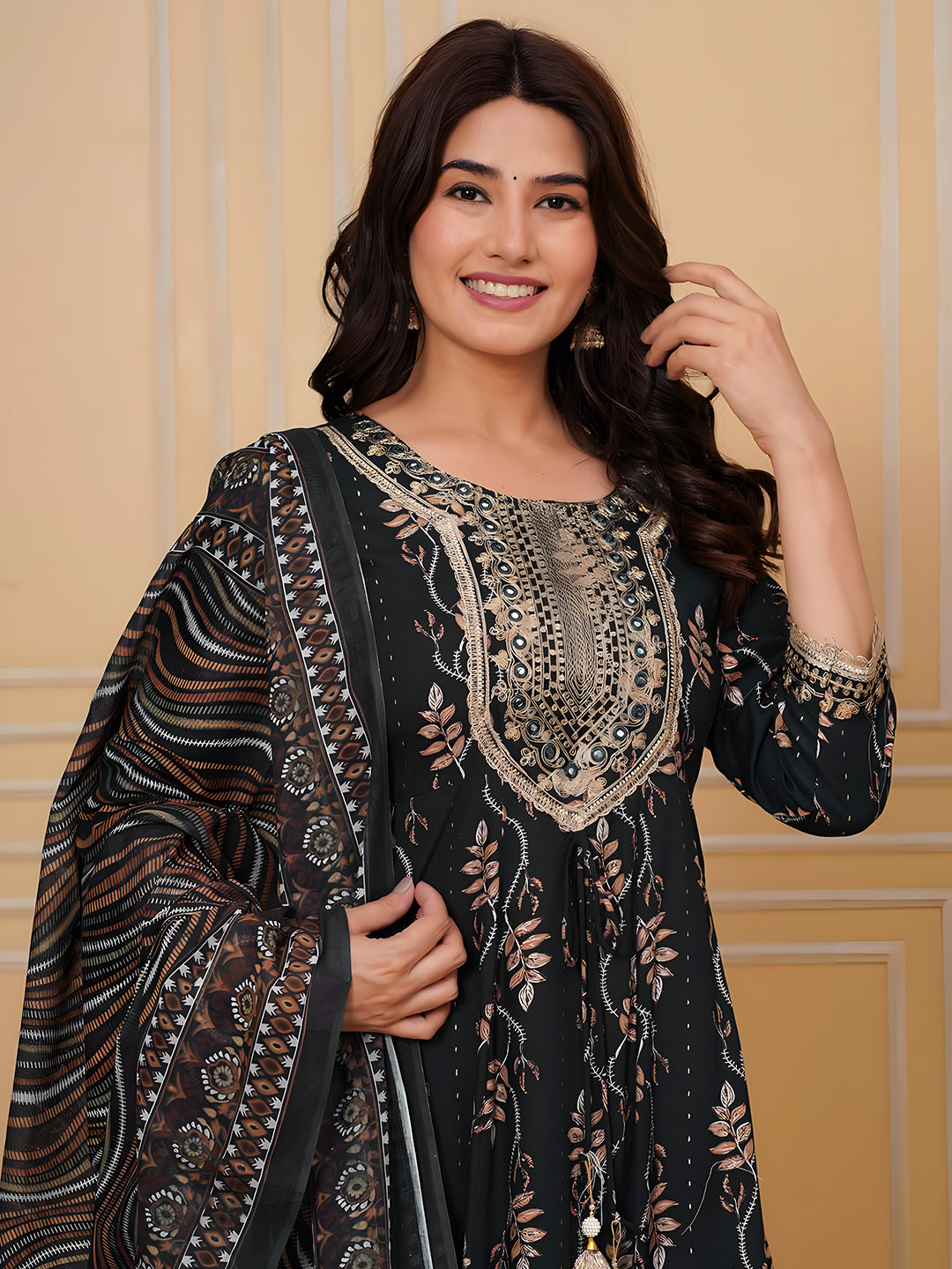 Embroidered & Leaf Printed Flared Kurta with pant & dupatta