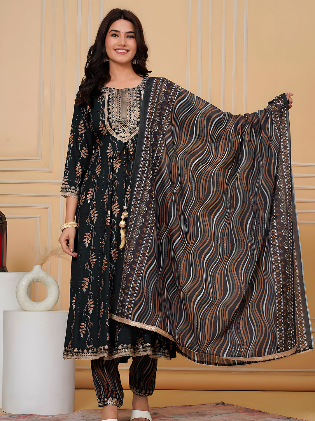 Embroidered & Leaf Printed Flared Kurta with pant & dupatta