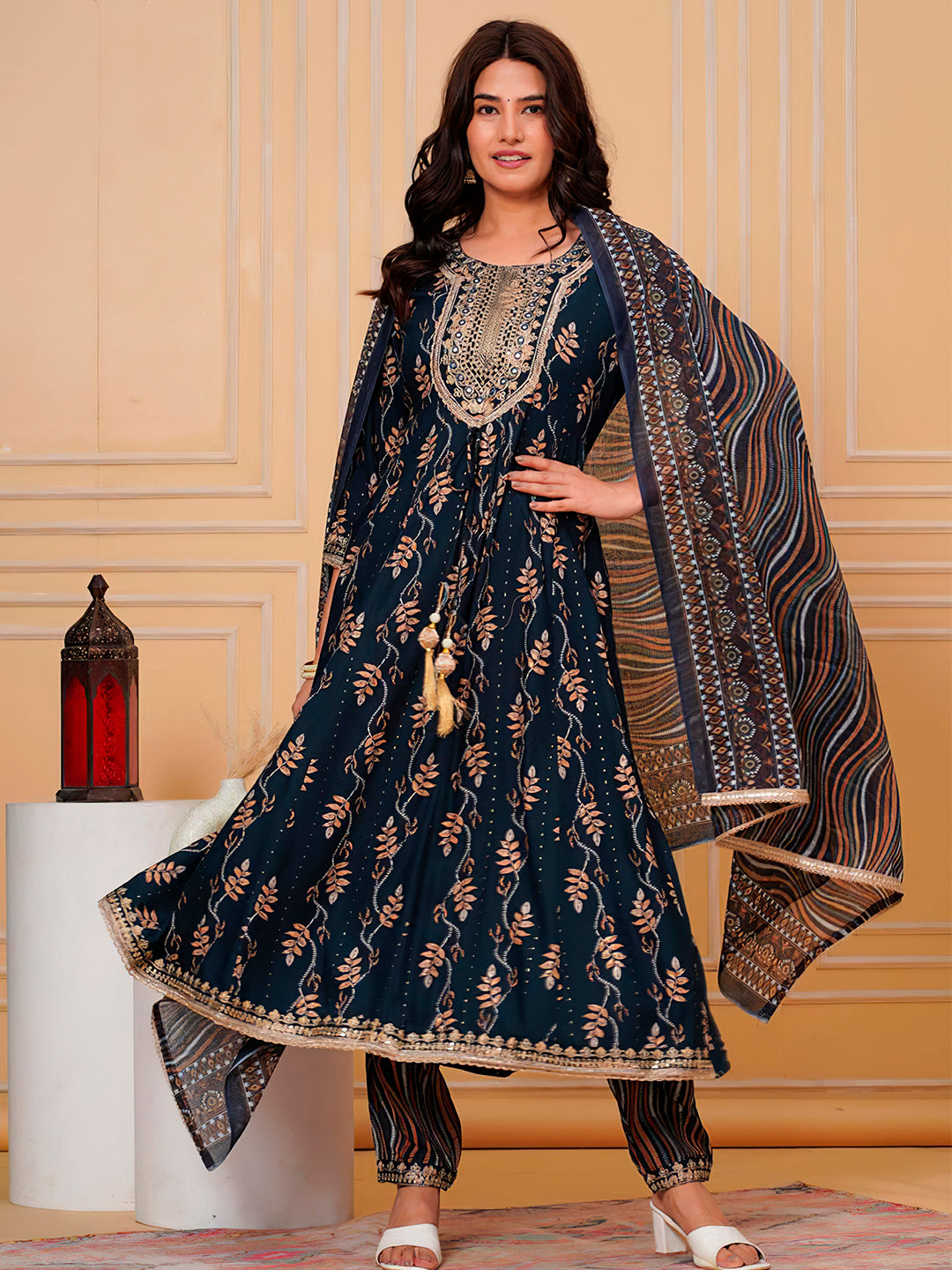 Embroidered & Leaf Printed Flared Kurta with pant & dupatta luxury premium