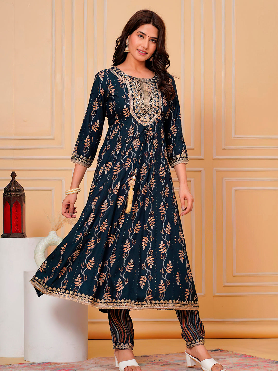 Embroidered & Leaf Printed Flared Kurta with pant & dupatta luxury premium