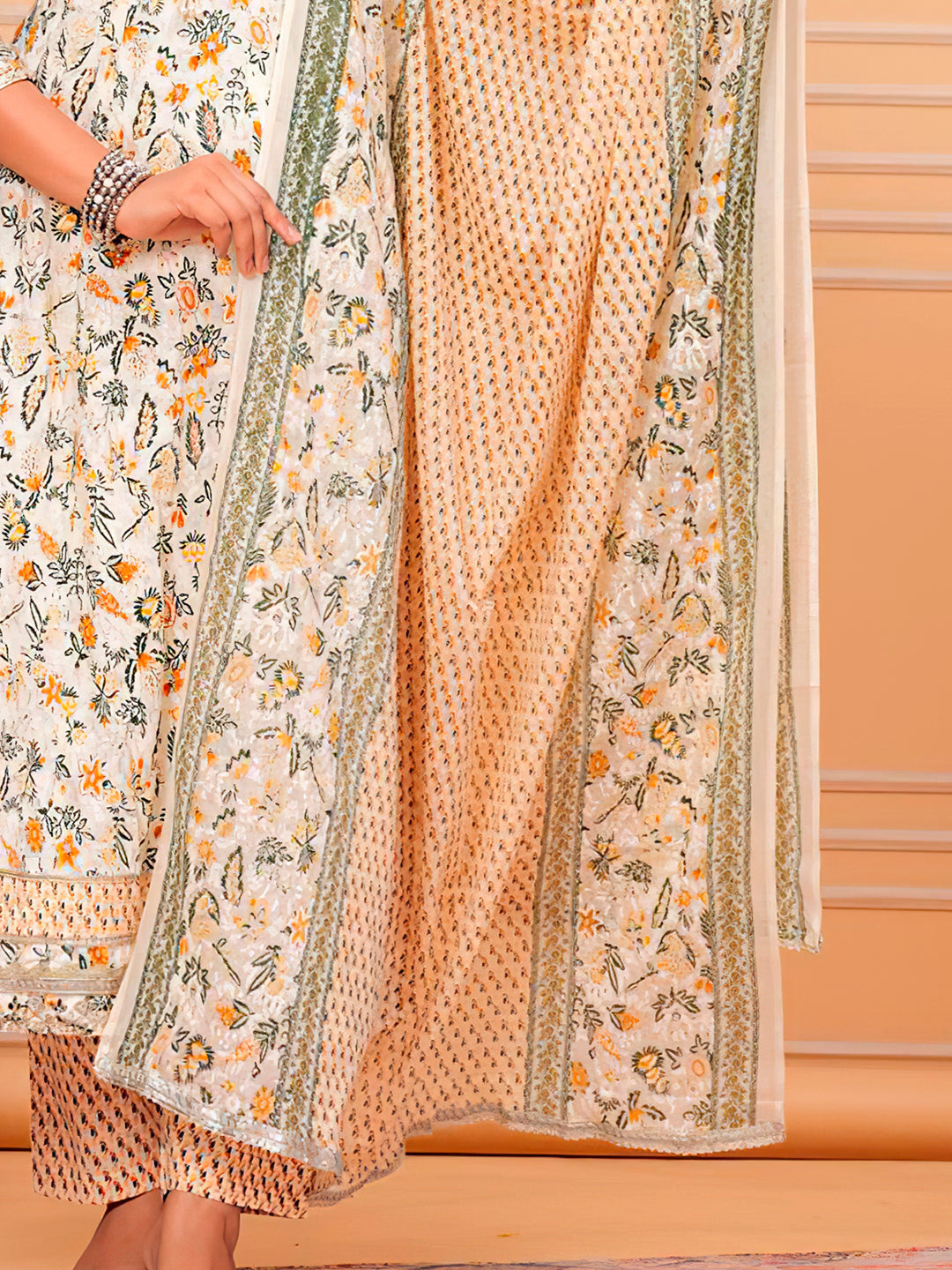 Embroidered & Botanical Printed Flared Kurta with pant & dupatta luxury premium