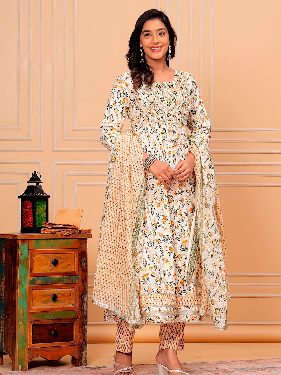 Embroidered & Botanical Printed Flared Kurta with pant & dupatta luxury premium