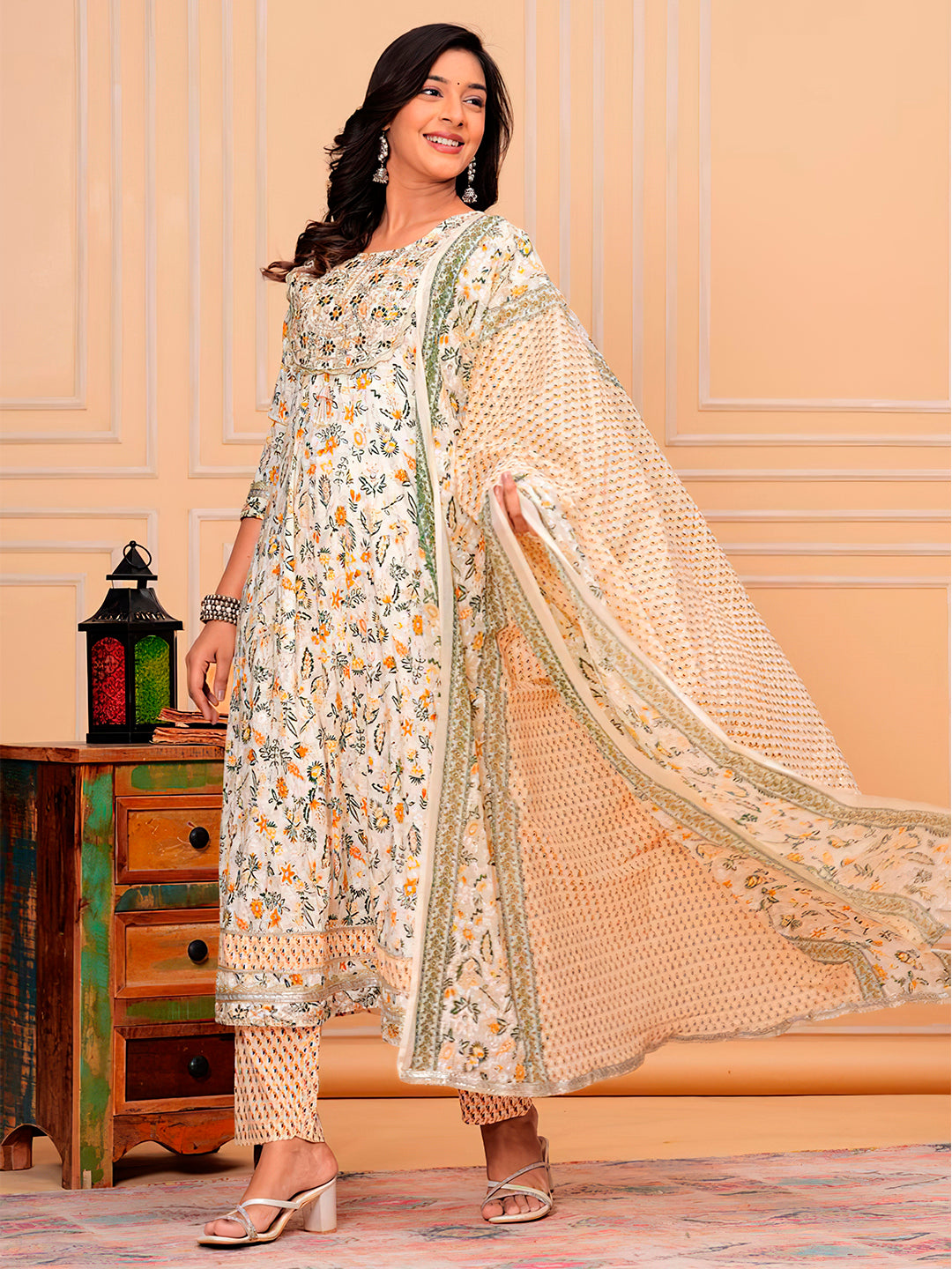 Embroidered & Botanical Printed Flared Kurta with pant & dupatta luxury premium