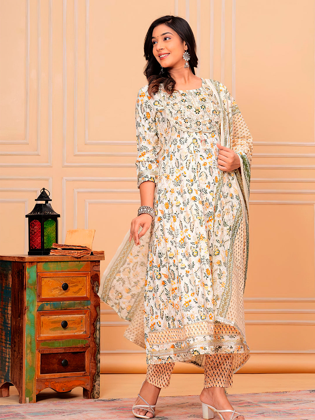 Embroidered & Botanical Printed Flared Kurta with pant & dupatta luxury premium