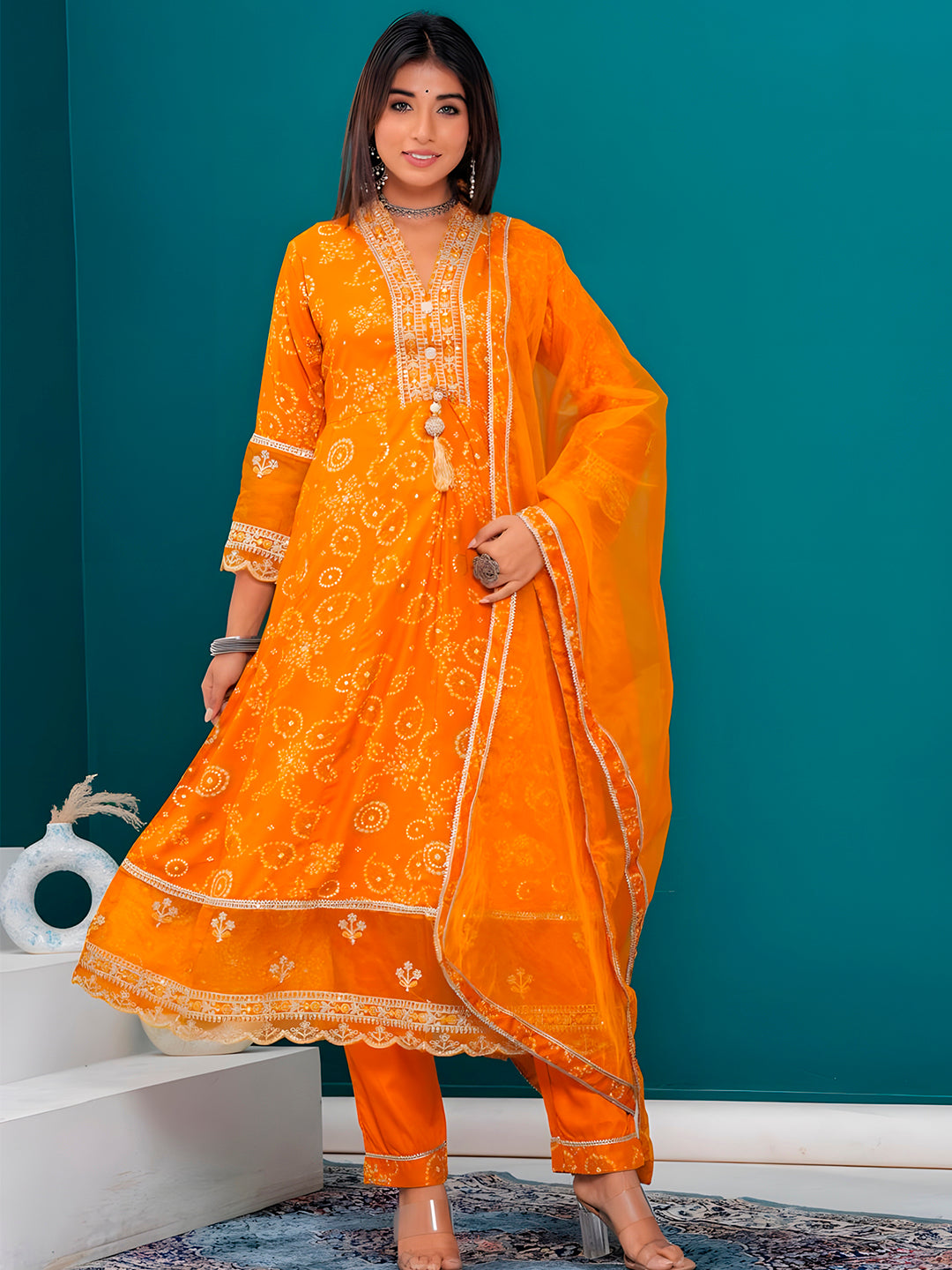 Embroidered & Bandhani Printed Kurta with pant & dupatta