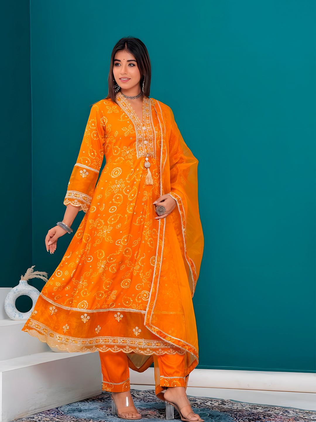 Embroidered & Bandhani Printed Kurta with pant & dupatta