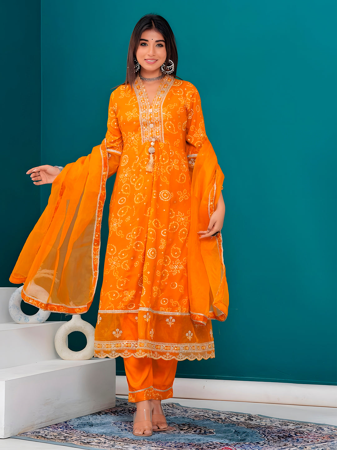 Embroidered & Bandhani Printed Kurta with pant & dupatta