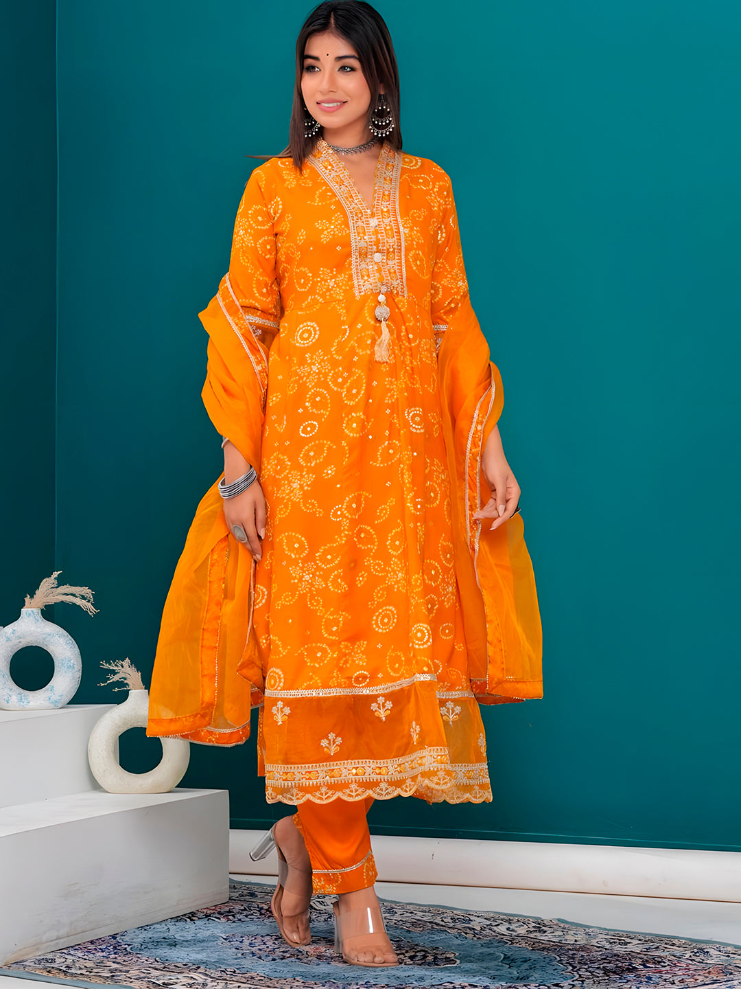 Embroidered & Bandhani Printed Kurta with pant & dupatta